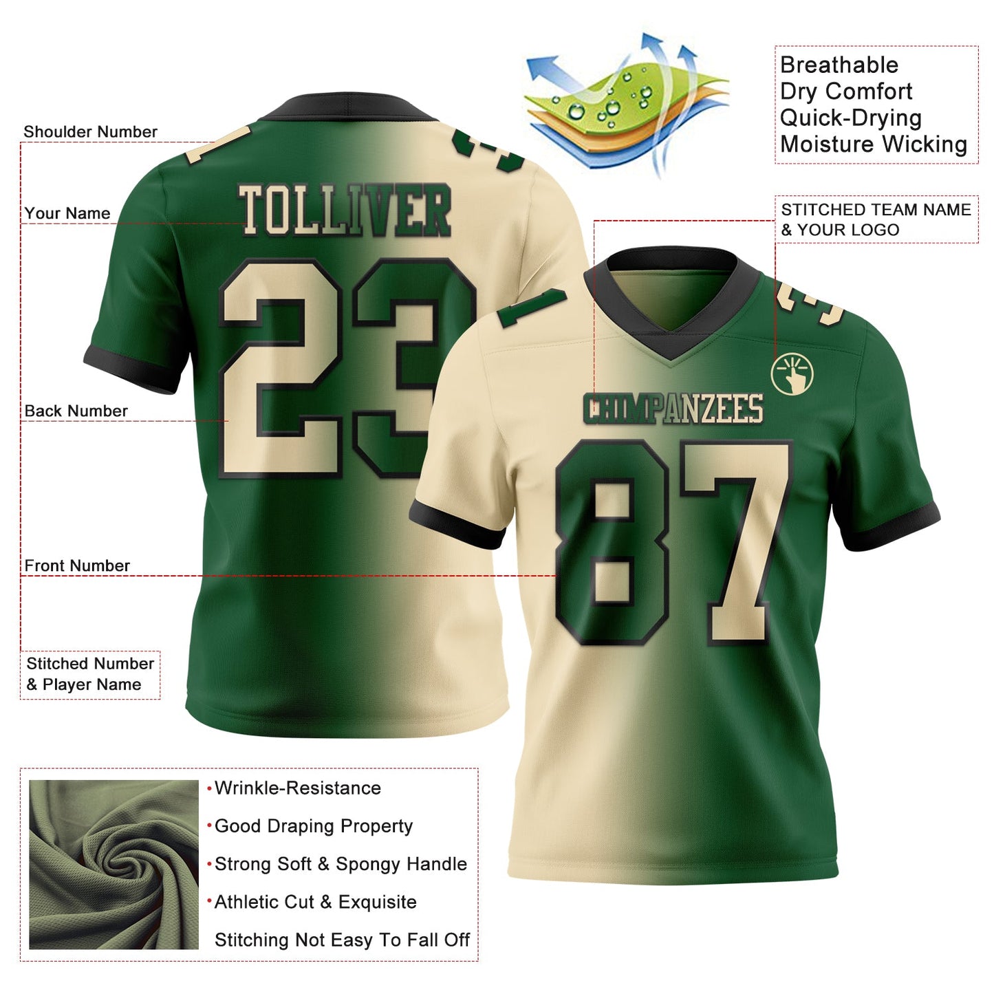 Custom Green Cream-Black Authentic Gradient Fashion Football Jersey view 2