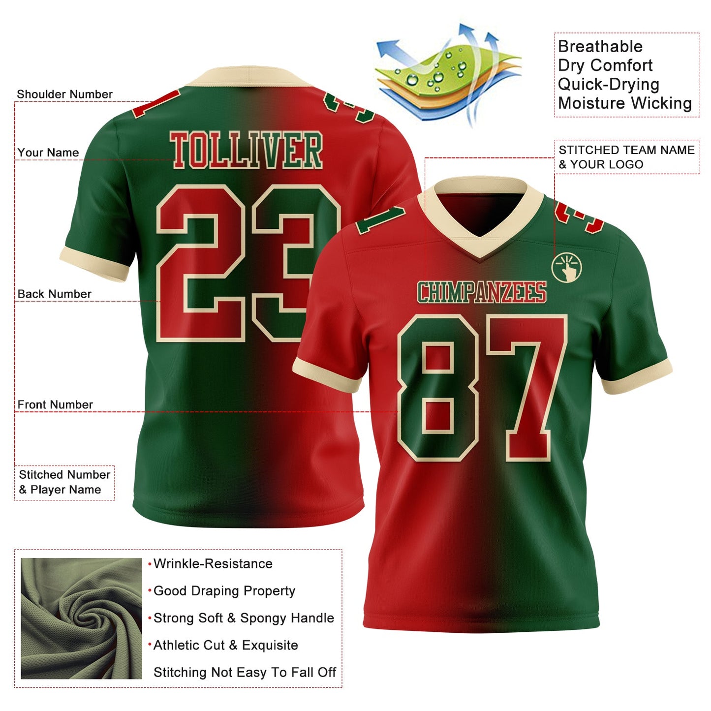 Custom Green Red-Cream Authentic Gradient Fashion Football Jersey view 2