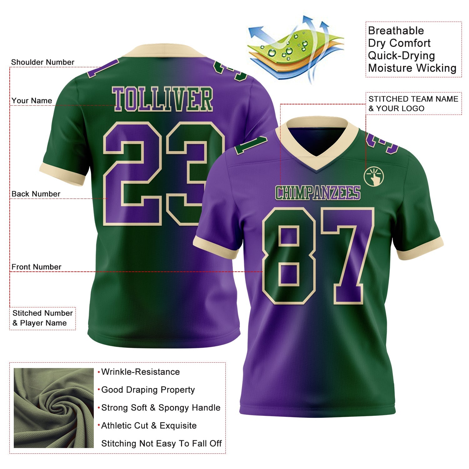 Custom Green Purple-Cream Authentic Gradient Fashion Football Jersey view 2