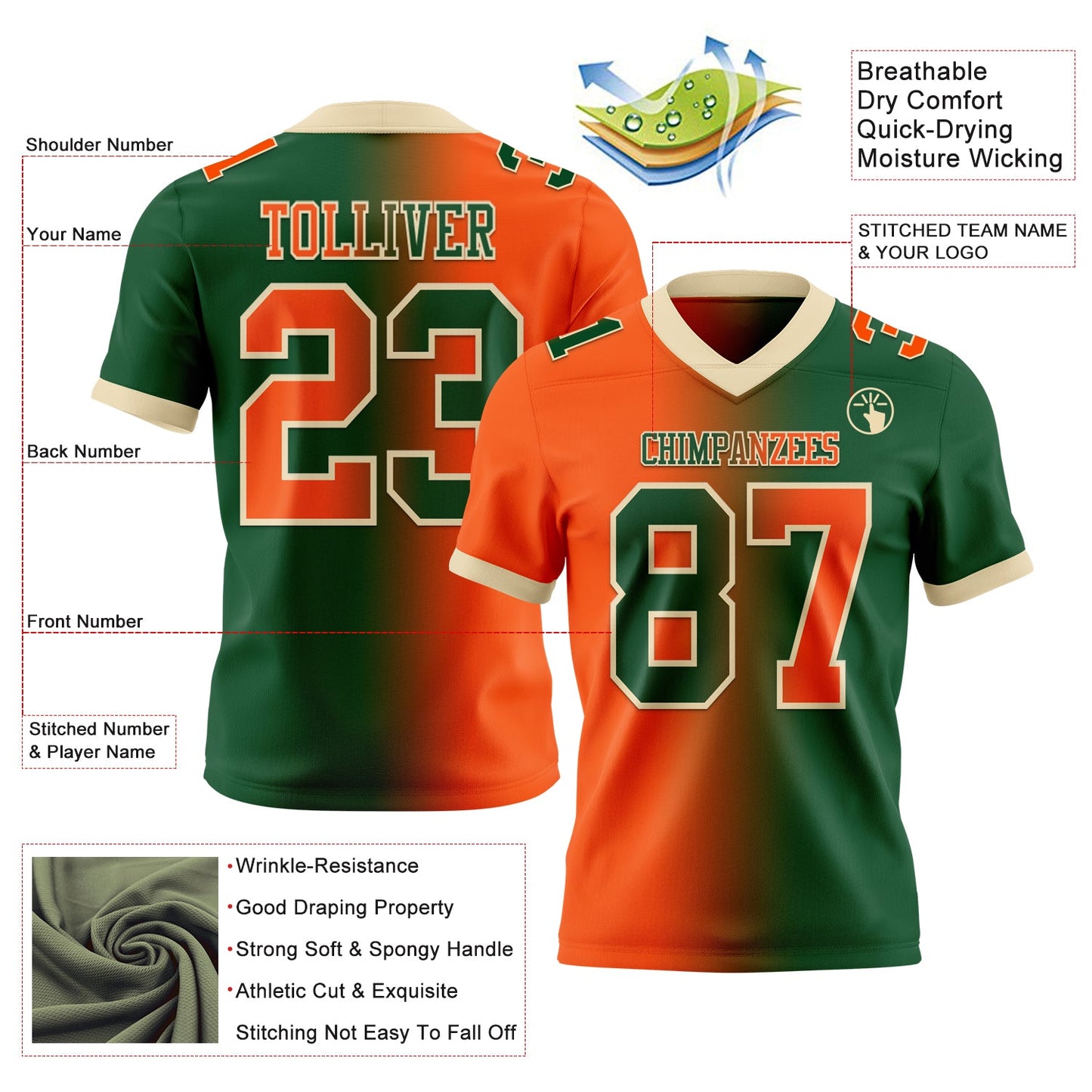 Custom Green Orange-Cream Authentic Gradient Fashion Football Jersey view 2