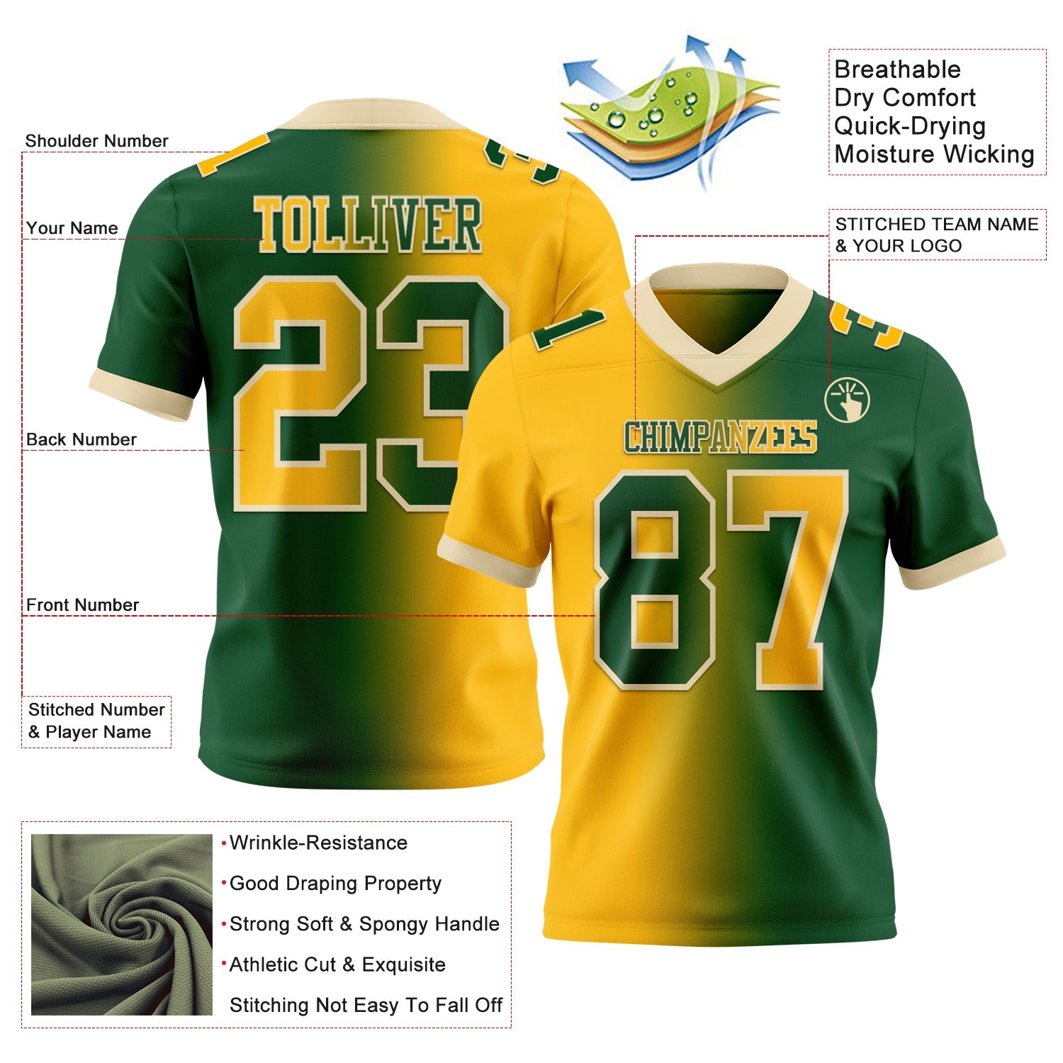 Custom Green Gold-Cream Authentic Gradient Fashion Football Jersey view 2