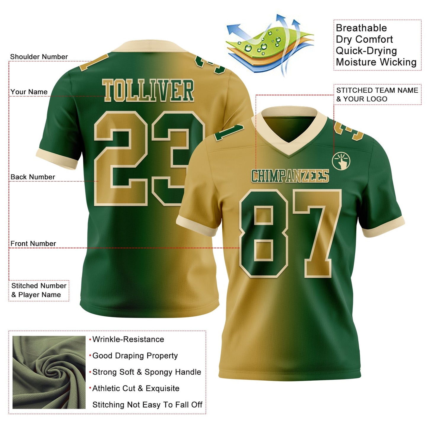 Custom Green Old Gold-Cream Authentic Gradient Fashion Football Jersey view 2