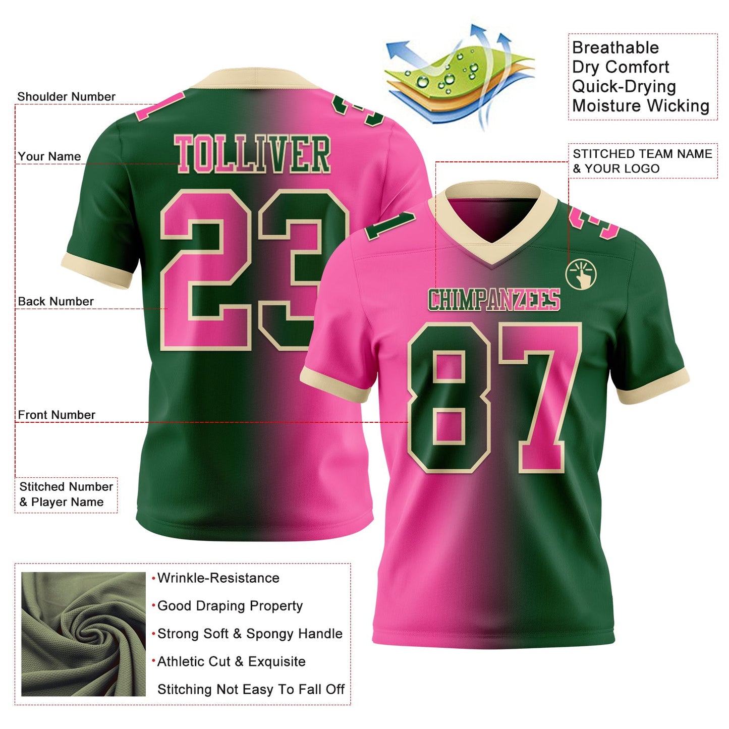 Custom Green Pink-Cream Authentic Gradient Fashion Football Jersey view 2