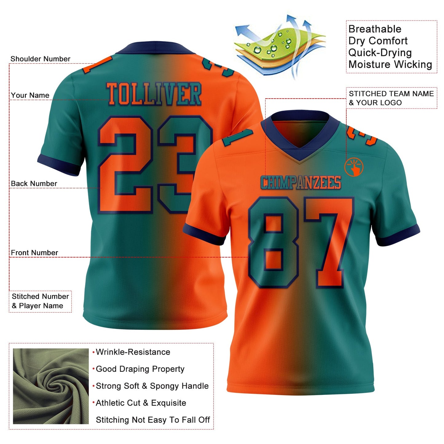 Custom Teal Orange-Navy Authentic Gradient Fashion Football Jersey view 2
