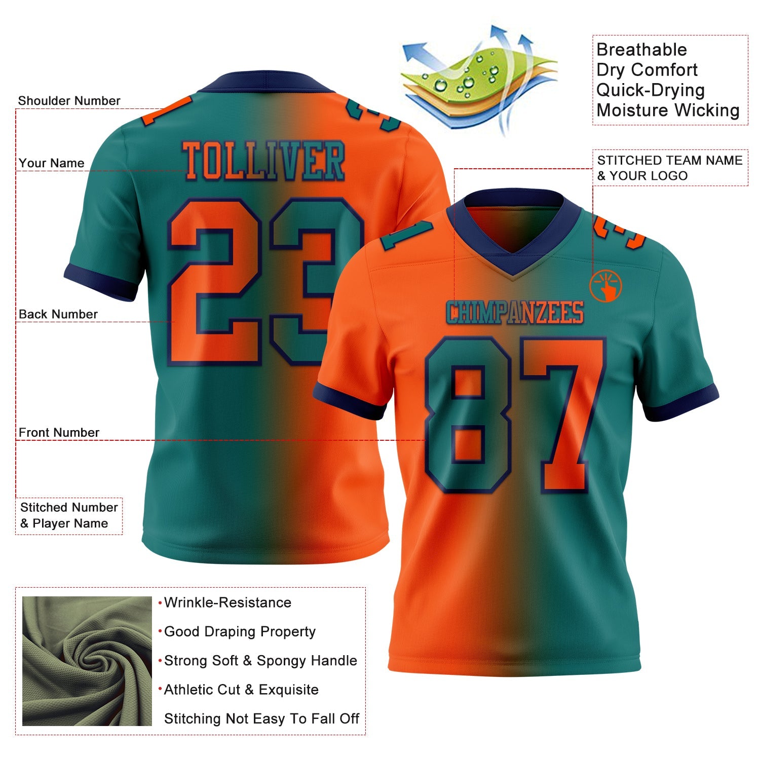 Custom Teal Orange-Navy Authentic Gradient Fashion Football Jersey view 2