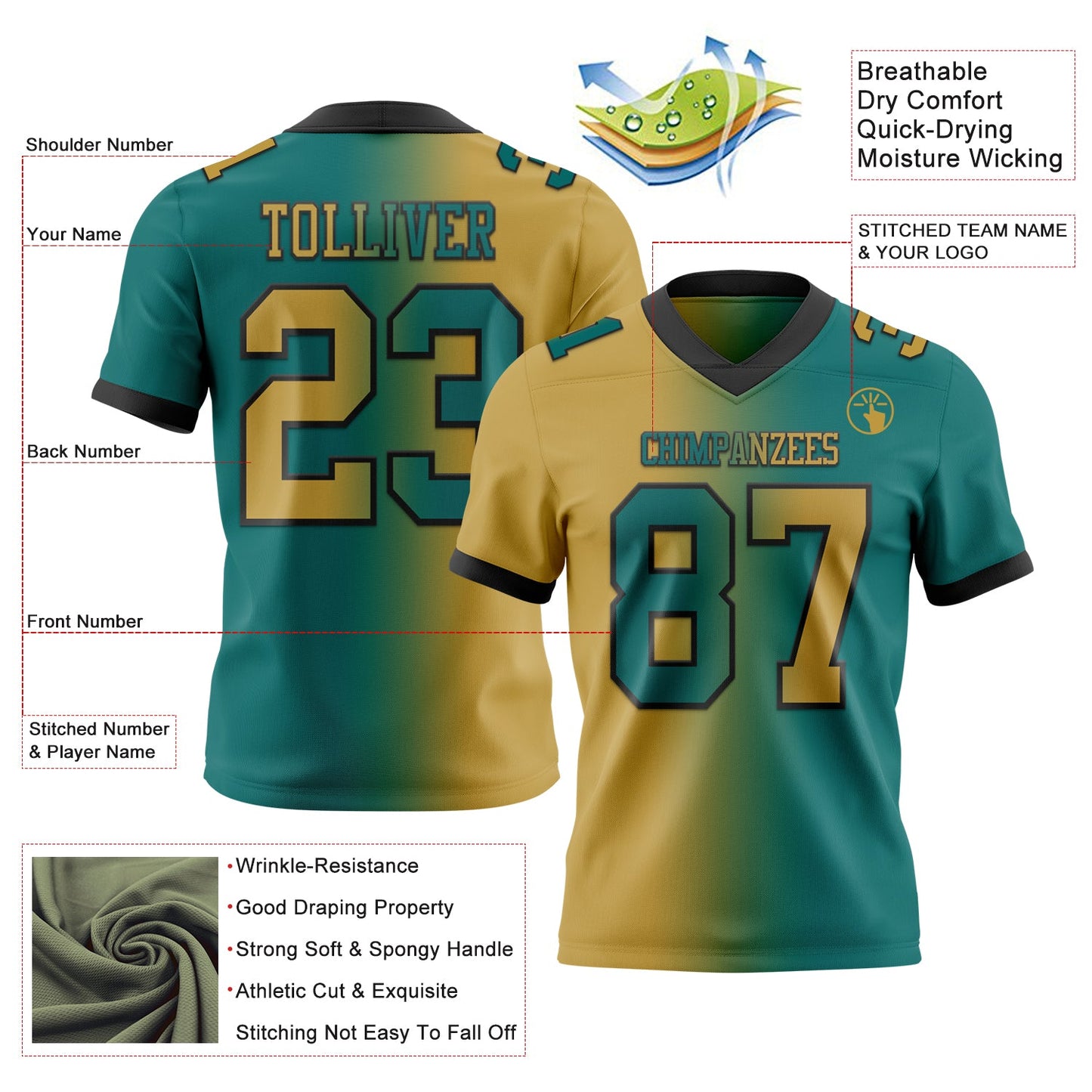 Custom Teal Old Gold-Black Authentic Gradient Fashion Football Jersey view 2