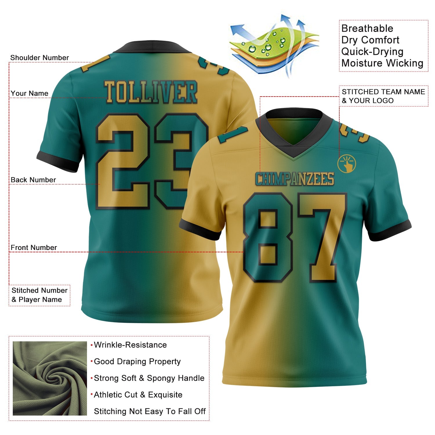 Custom Teal Old Gold-Black Authentic Gradient Fashion Football Jersey view 2