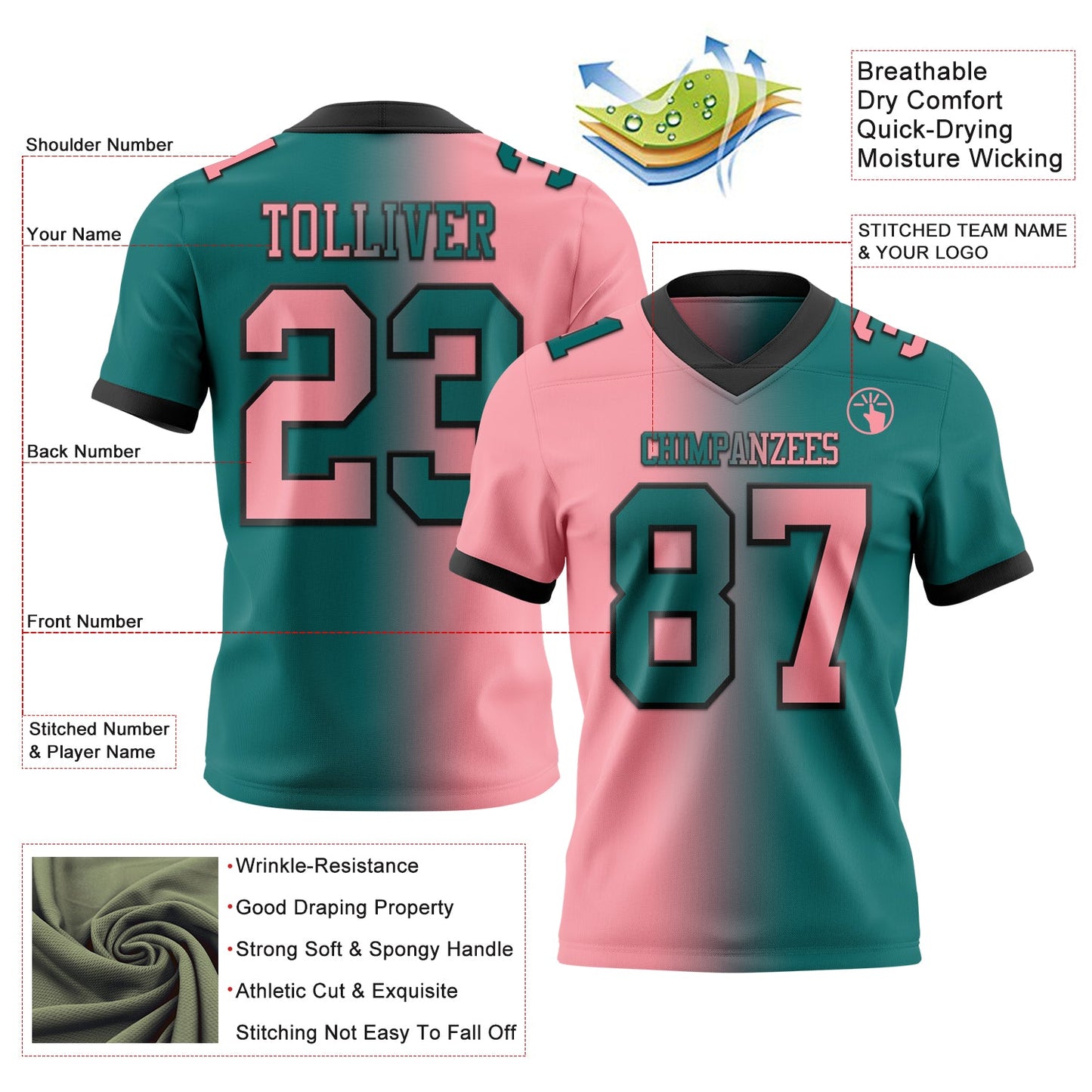 Custom Teal Medium Pink-Black Authentic Gradient Fashion Football Jersey view 2