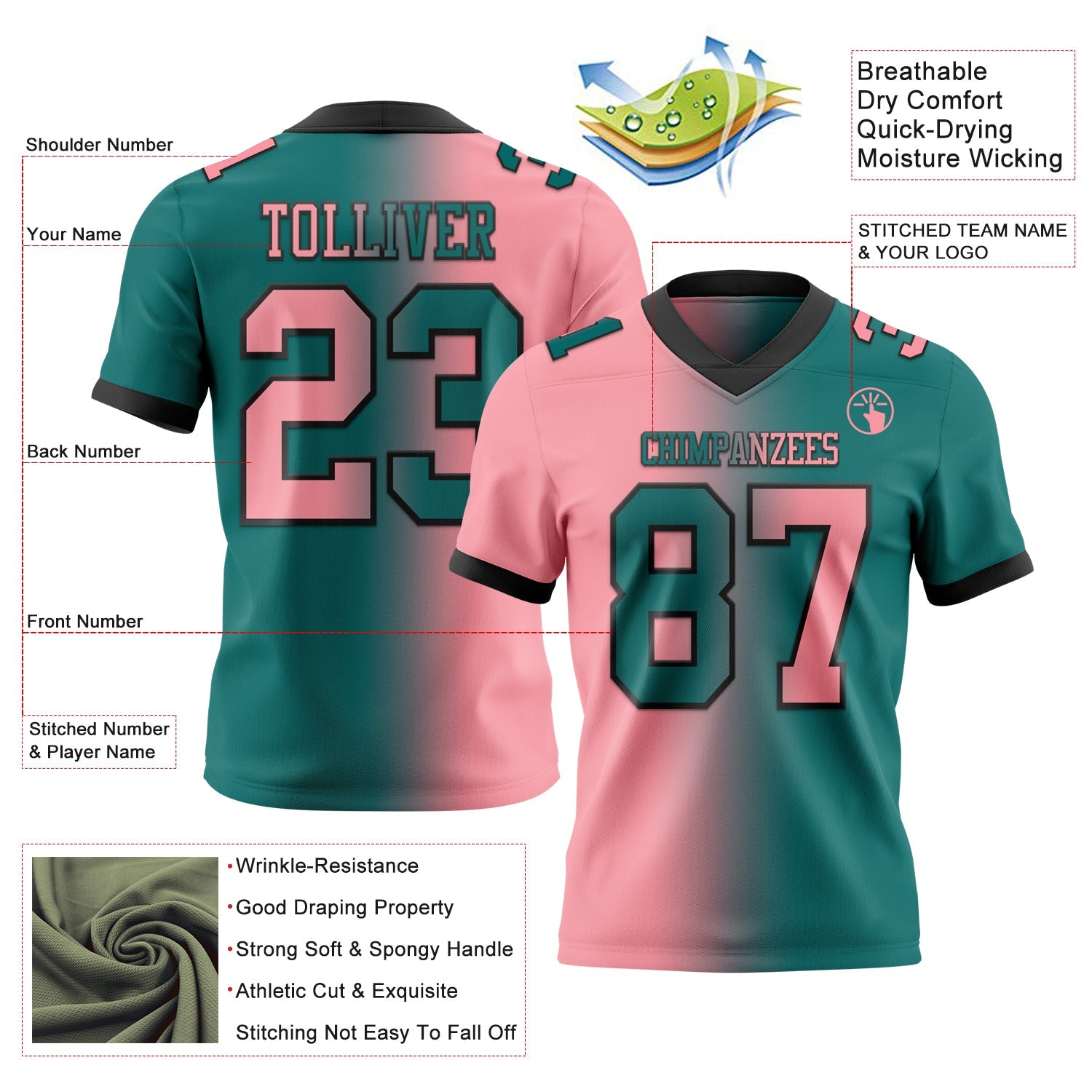 Custom Teal Medium Pink-Black Authentic Gradient Fashion Football Jersey view 2