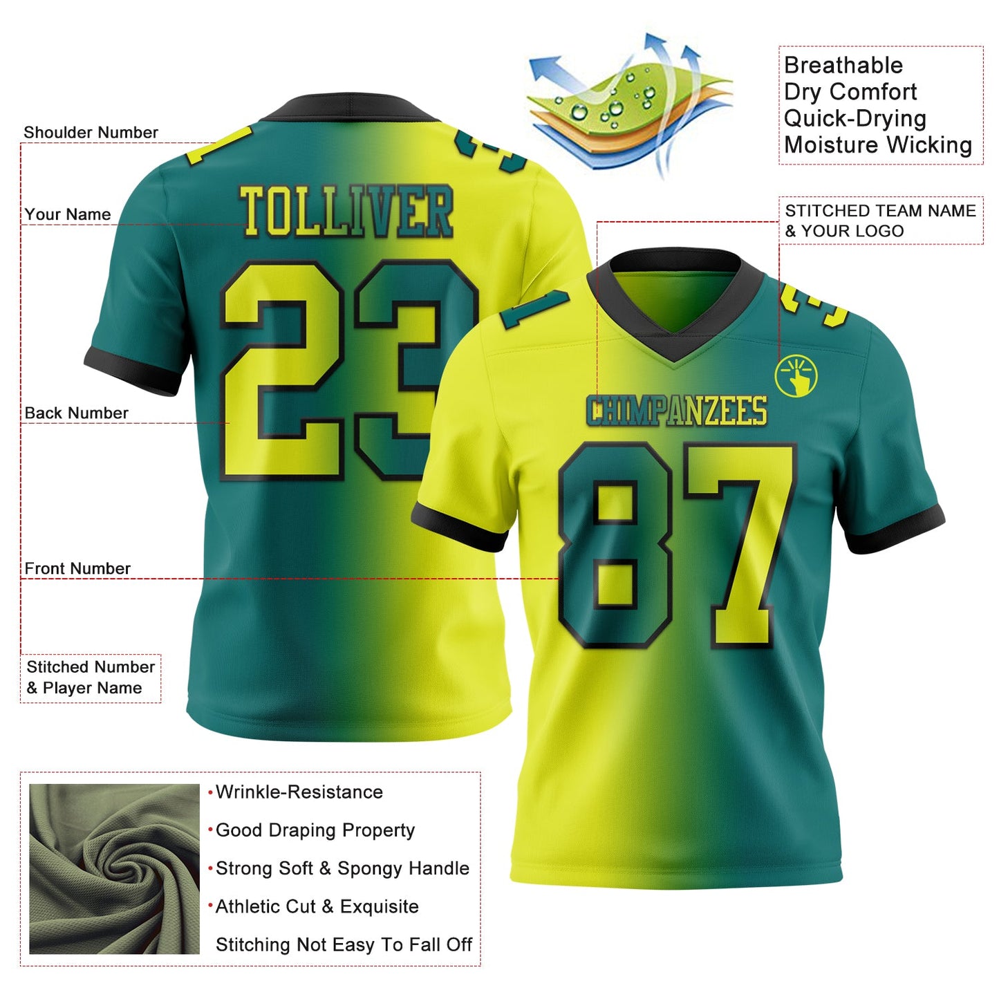 Custom Teal Neon Yellow-Black Authentic Gradient Fashion Football Jersey view 2