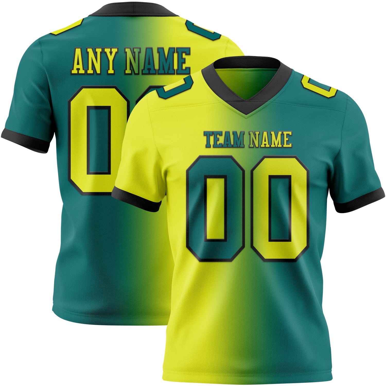 Custom Teal Neon Yellow-Black Authentic Gradient Fashion Football Jersey - Main View