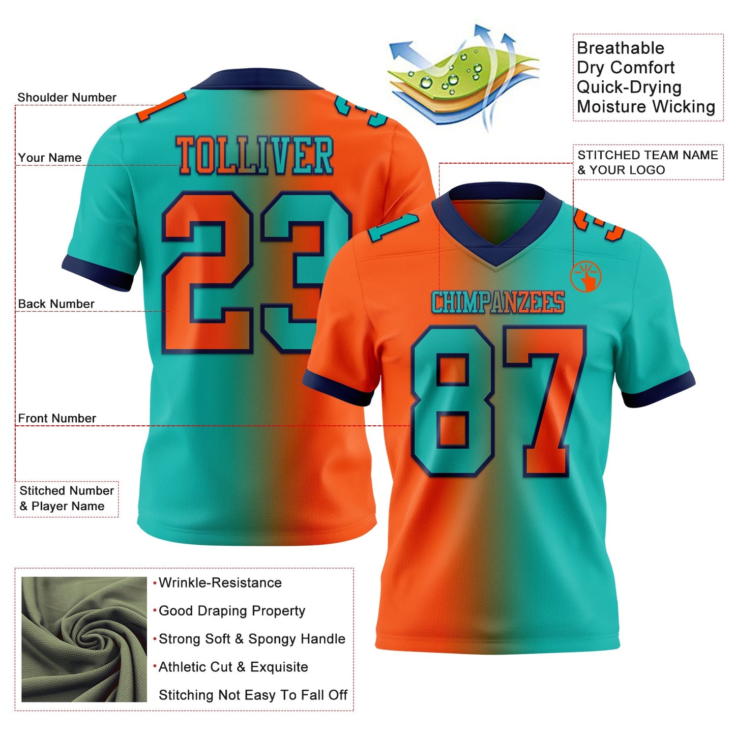 Custom Aqua Orange-Navy Authentic Gradient Fashion Football Jersey view 2