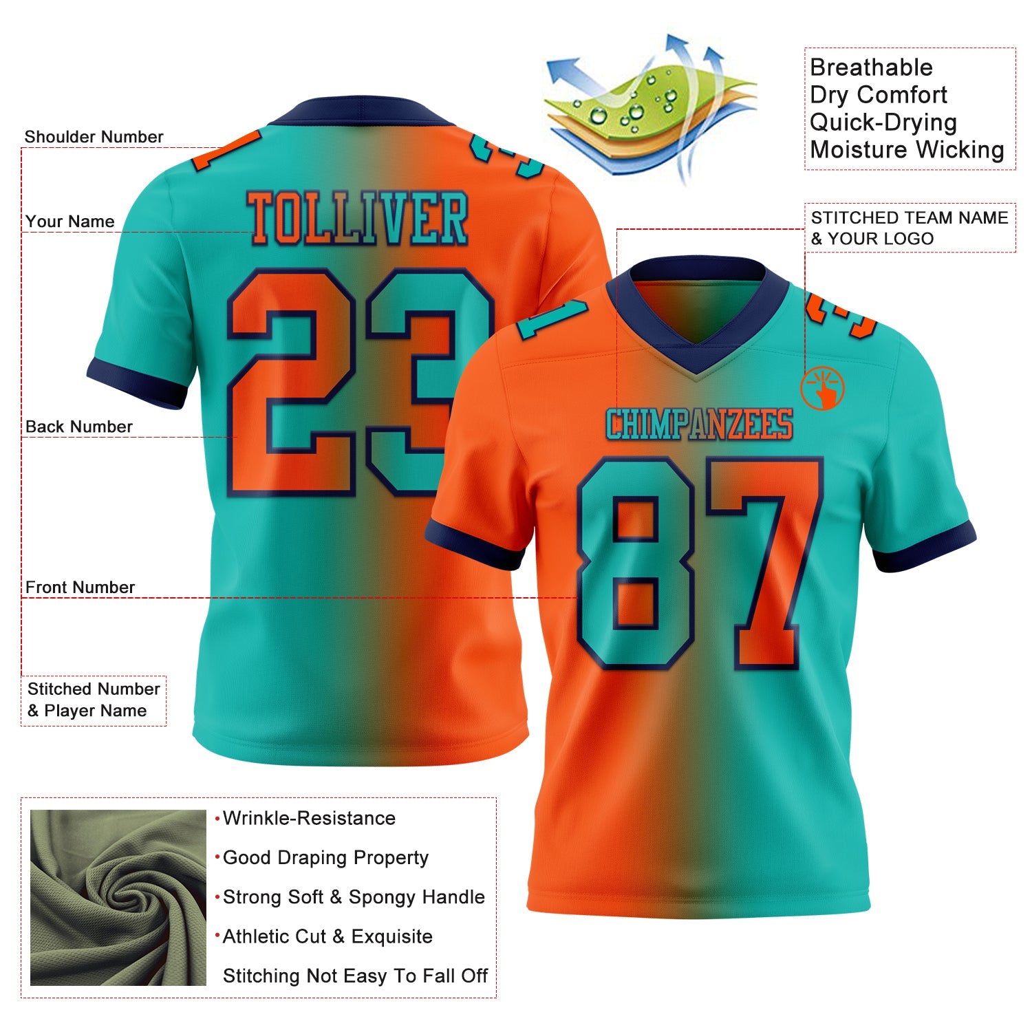 Custom Aqua Orange-Navy Authentic Gradient Fashion Football Jersey view 2