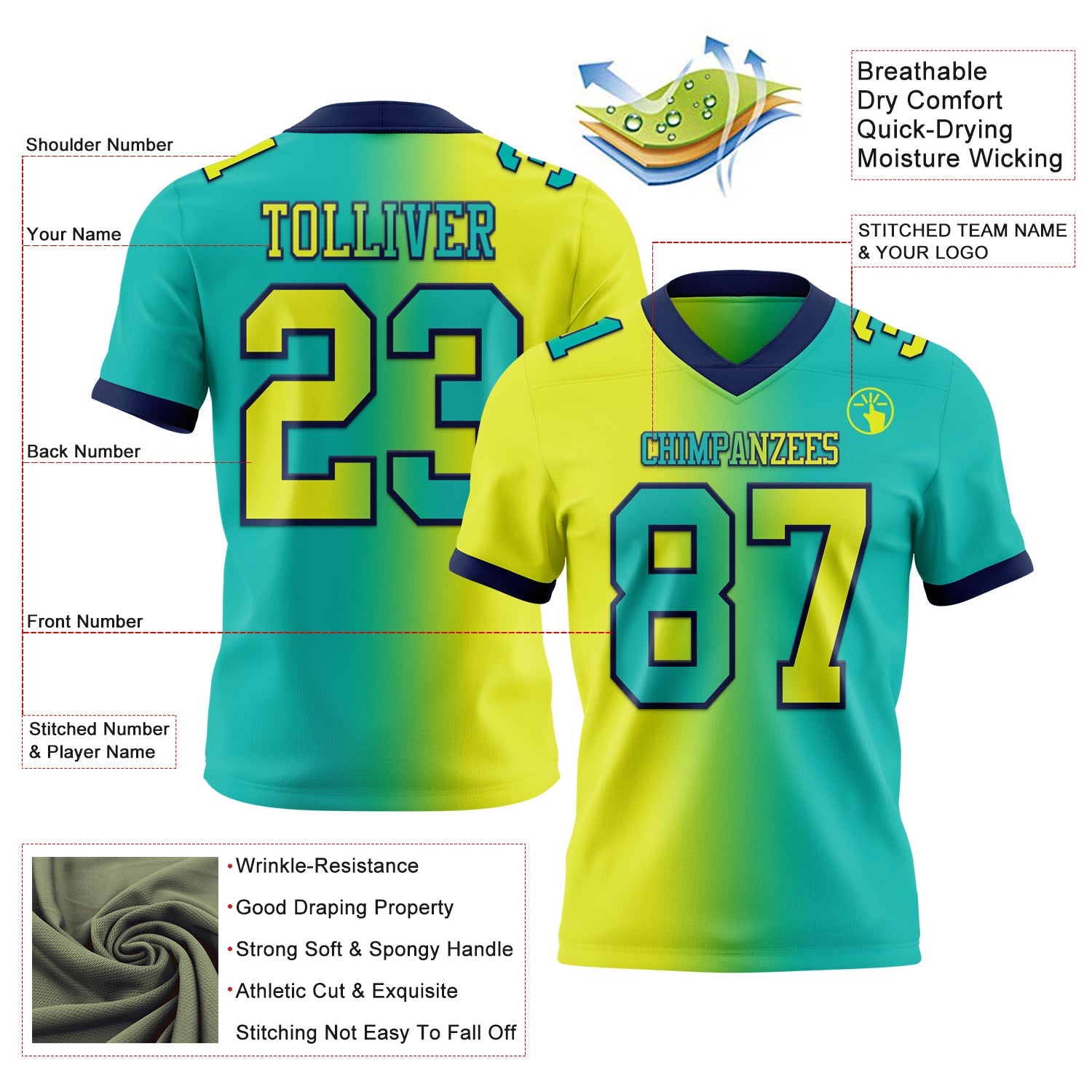 Custom Aqua Neon Yellow-Navy Authentic Gradient Fashion Football Jersey view 2