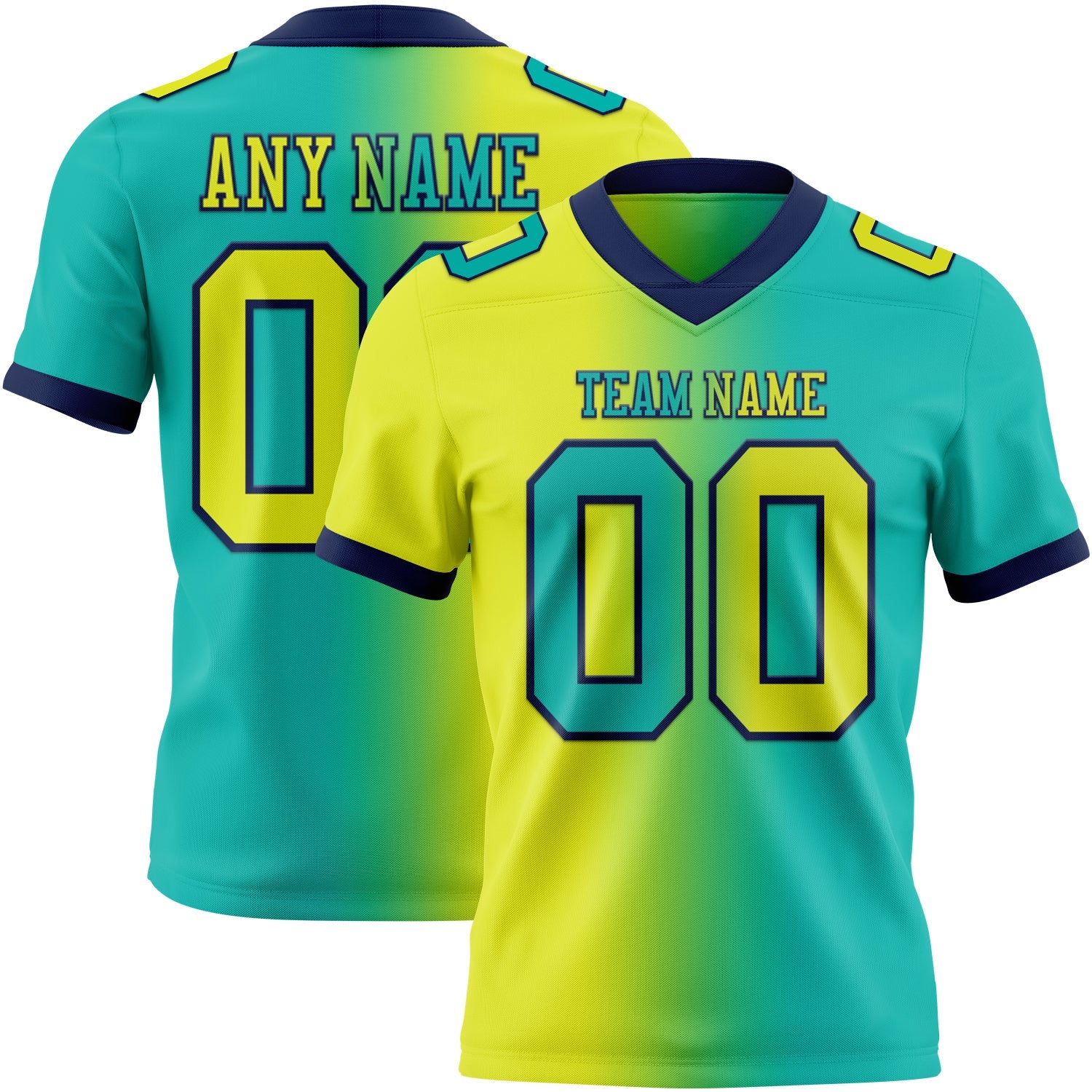 Custom Aqua Neon Yellow-Navy Authentic Gradient Fashion Football Jersey - Main View