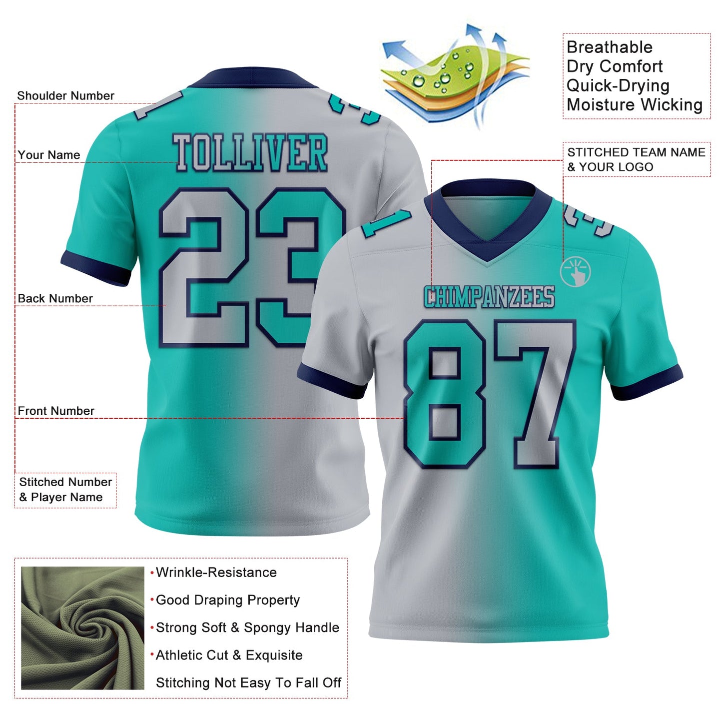 Custom Aqua Gray-Navy Authentic Gradient Fashion Football Jersey view 2
