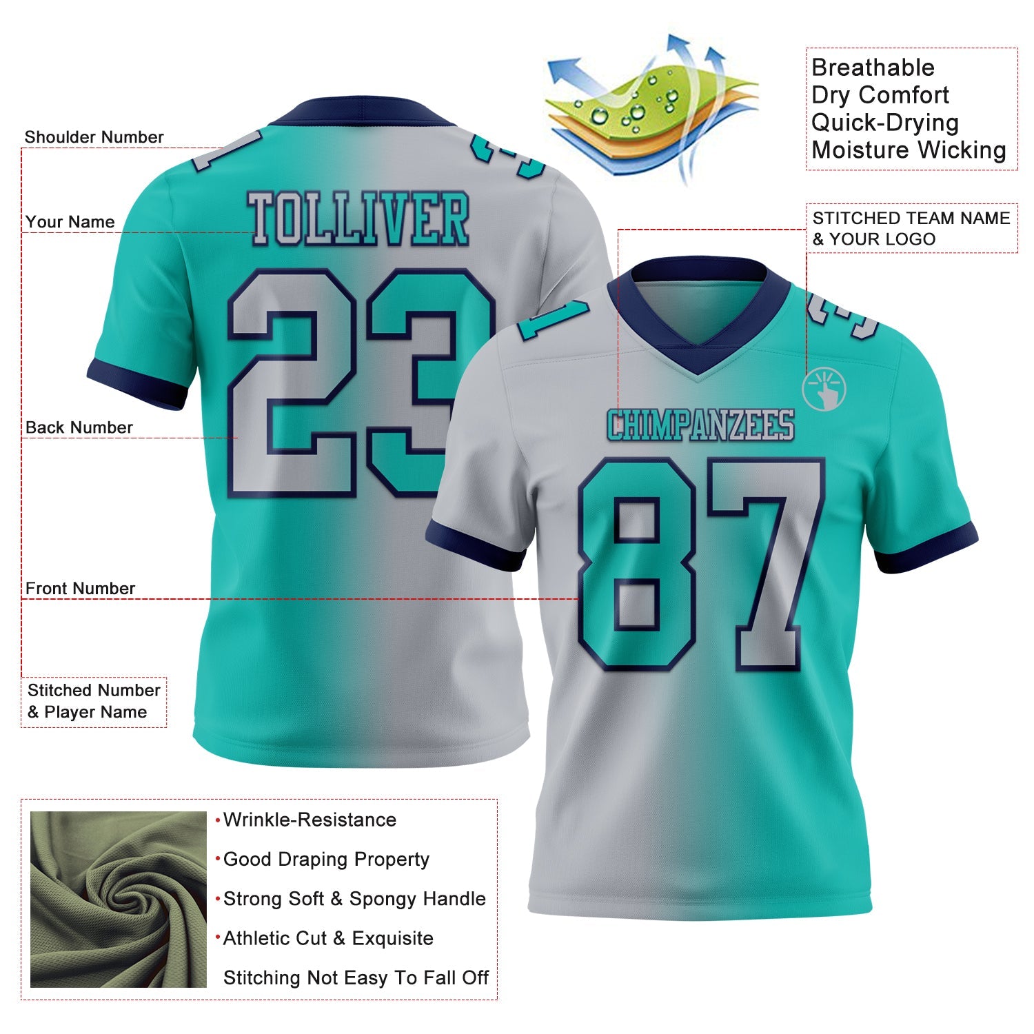 Custom Aqua Gray-Navy Authentic Gradient Fashion Football Jersey view 2