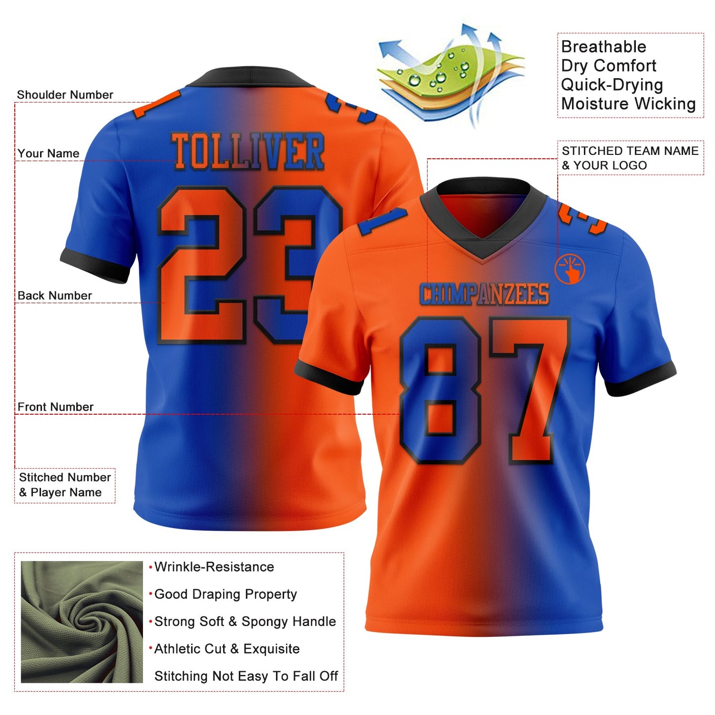 Custom Thunder Blue Orange-Black Authentic Gradient Fashion Football Jersey view 2