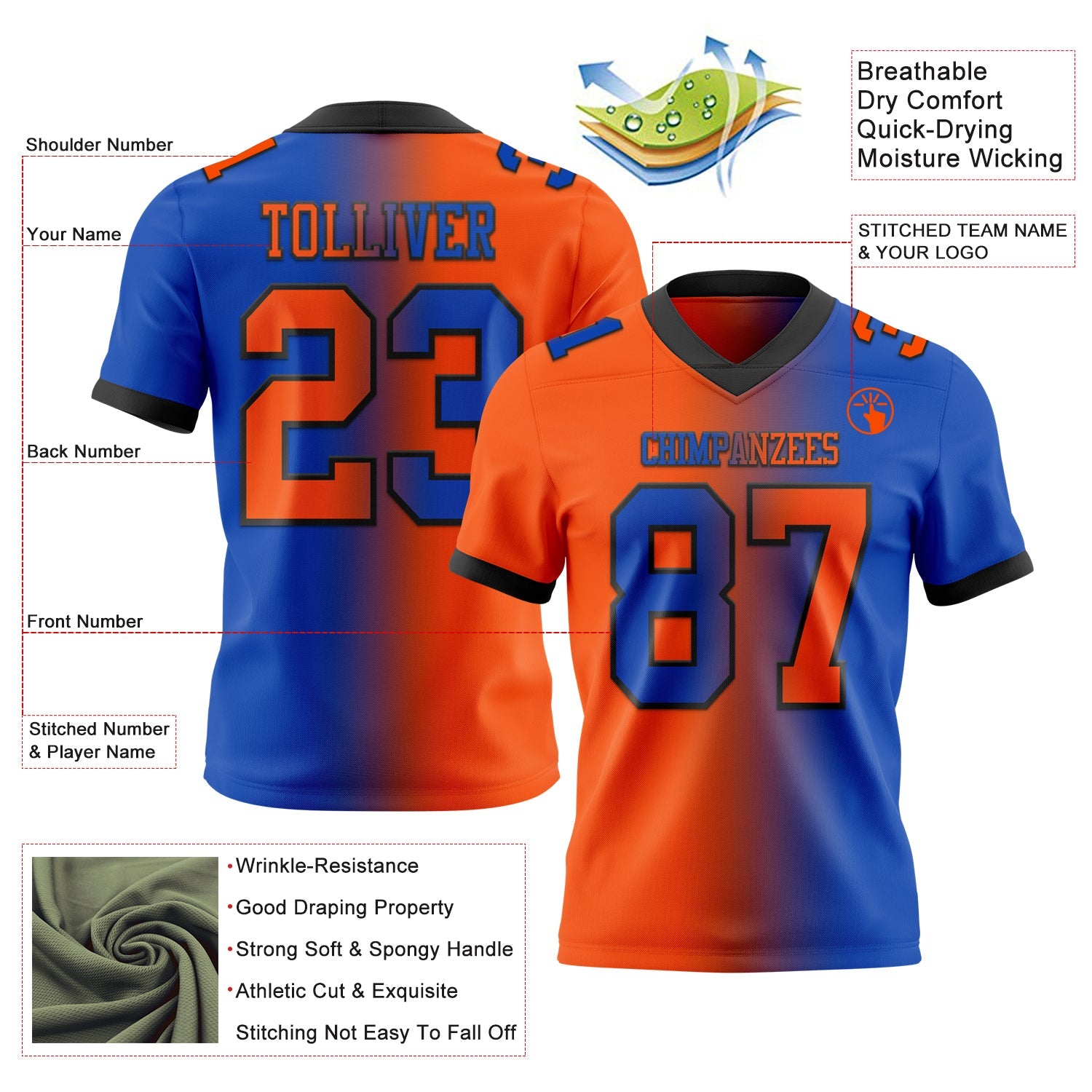 Custom Thunder Blue Orange-Black Authentic Gradient Fashion Football Jersey view 2