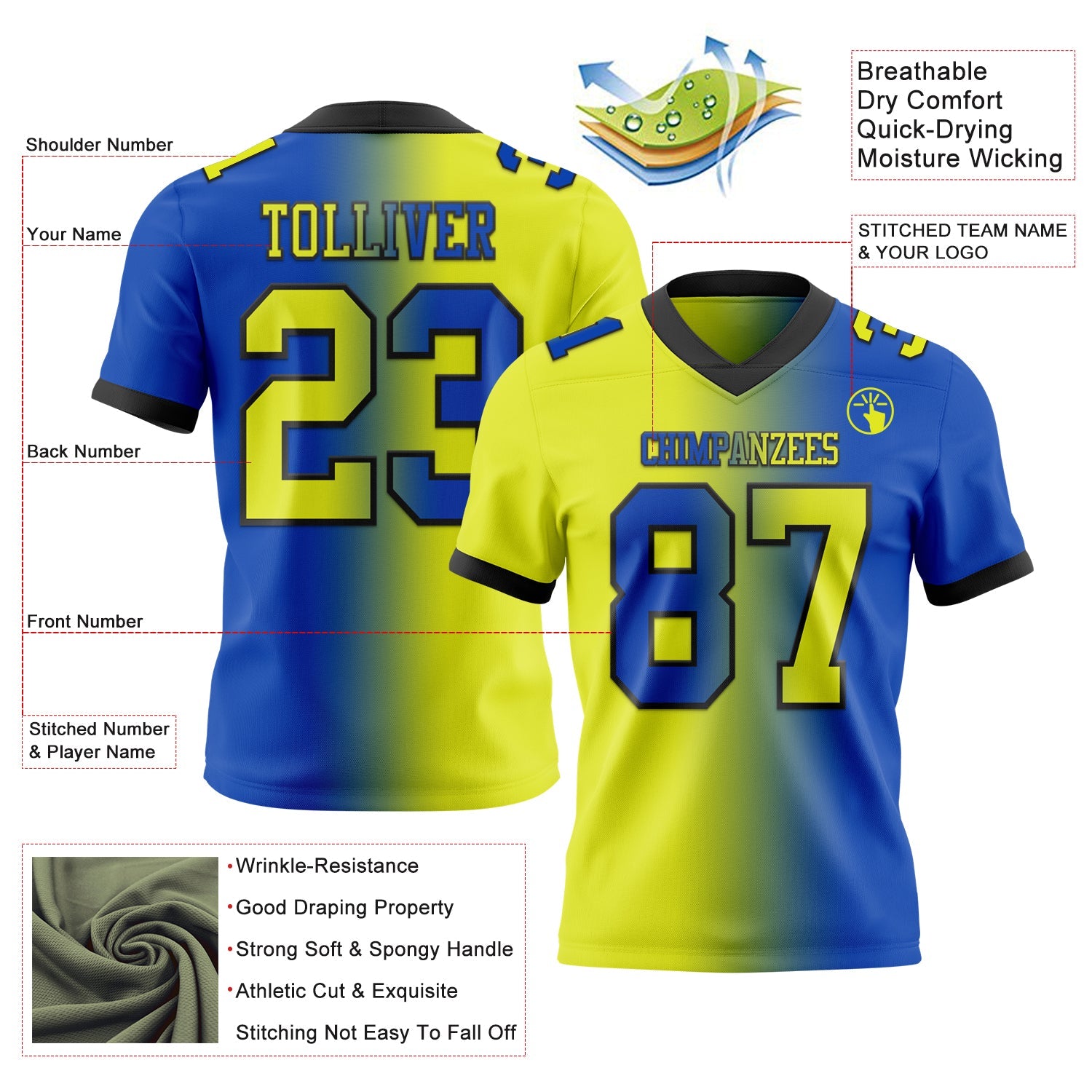 Custom Thunder Blue Neon Yellow-Black Authentic Gradient Fashion Football Jersey view 2