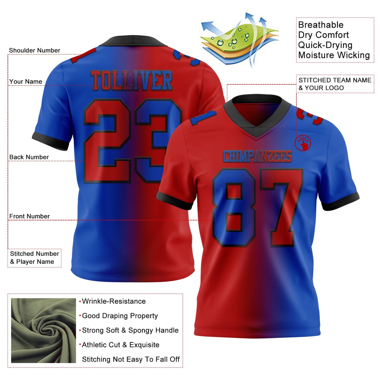 Custom Thunder Blue Red-Black Authentic Gradient Fashion Football Jersey view 2