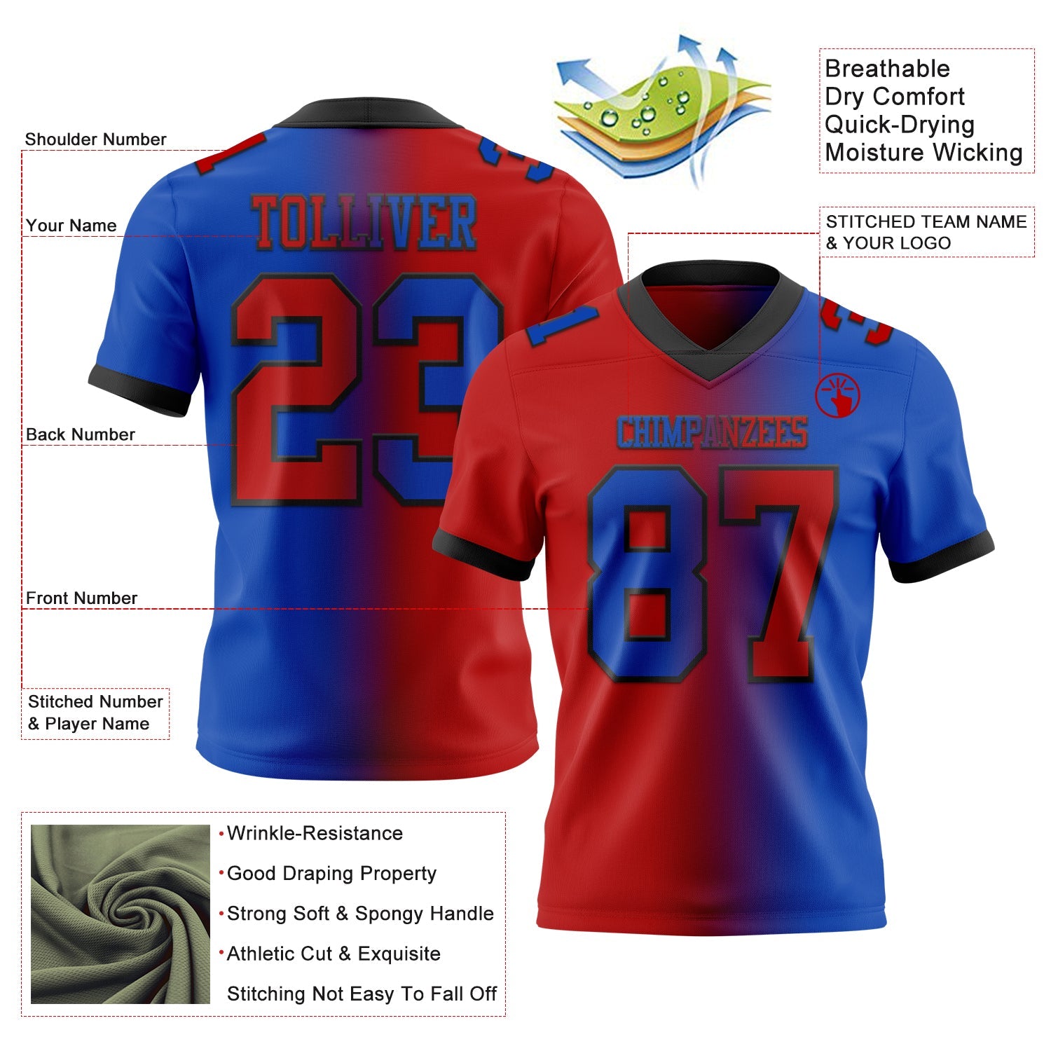 Custom Thunder Blue Red-Black Authentic Gradient Fashion Football Jersey view 2