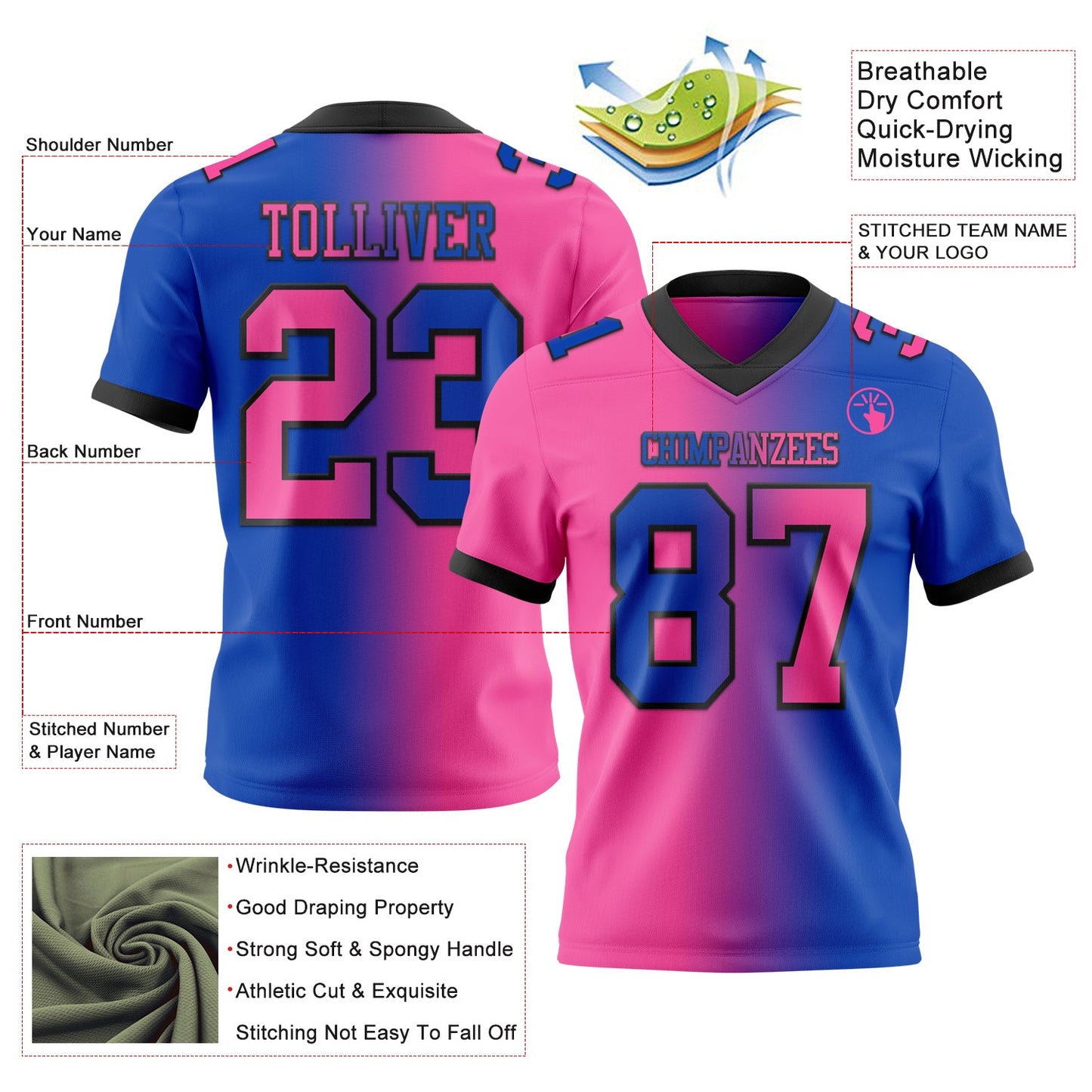 Custom Thunder Blue Pink-Black Authentic Gradient Fashion Football Jersey view 2