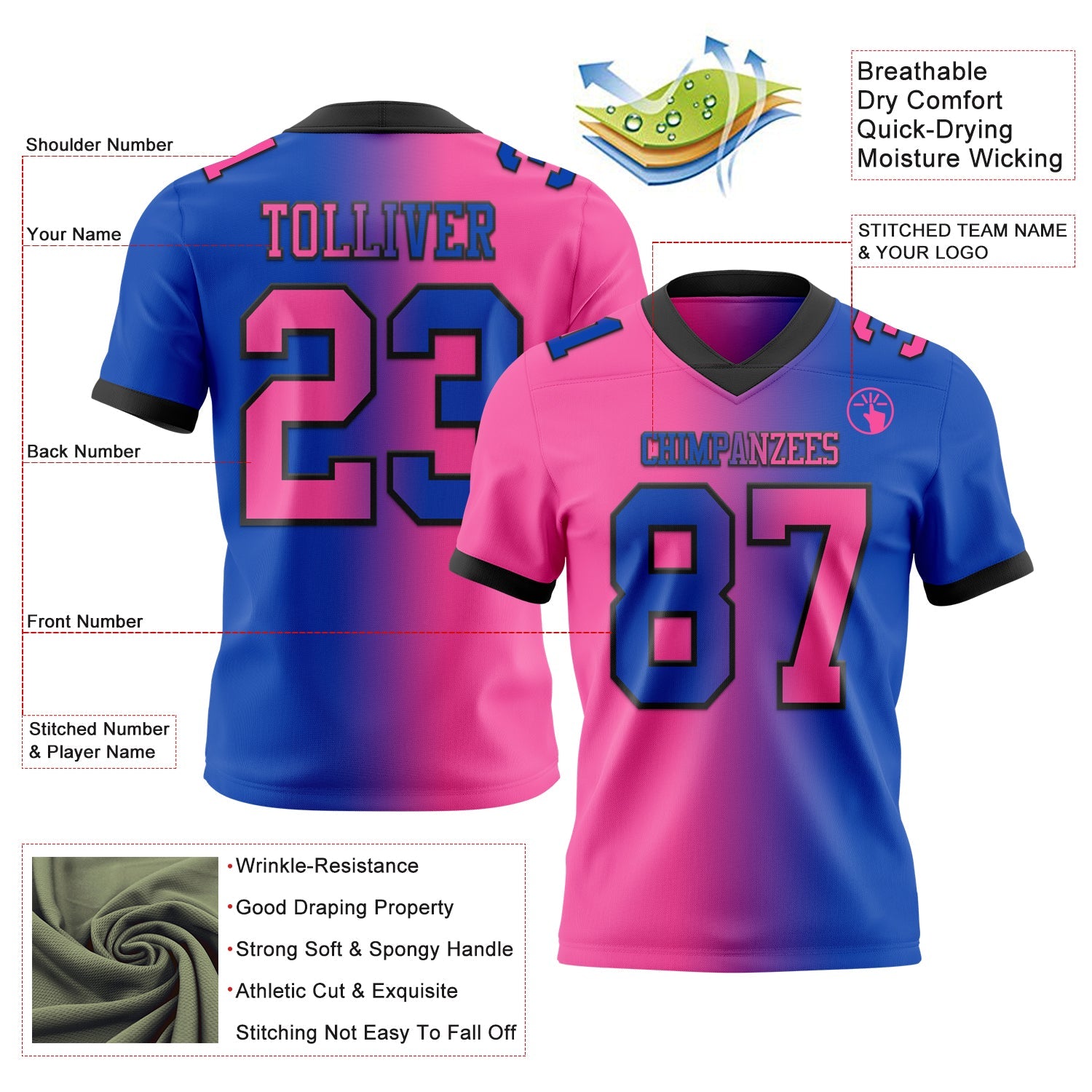 Custom Thunder Blue Pink-Black Authentic Gradient Fashion Football Jersey view 2