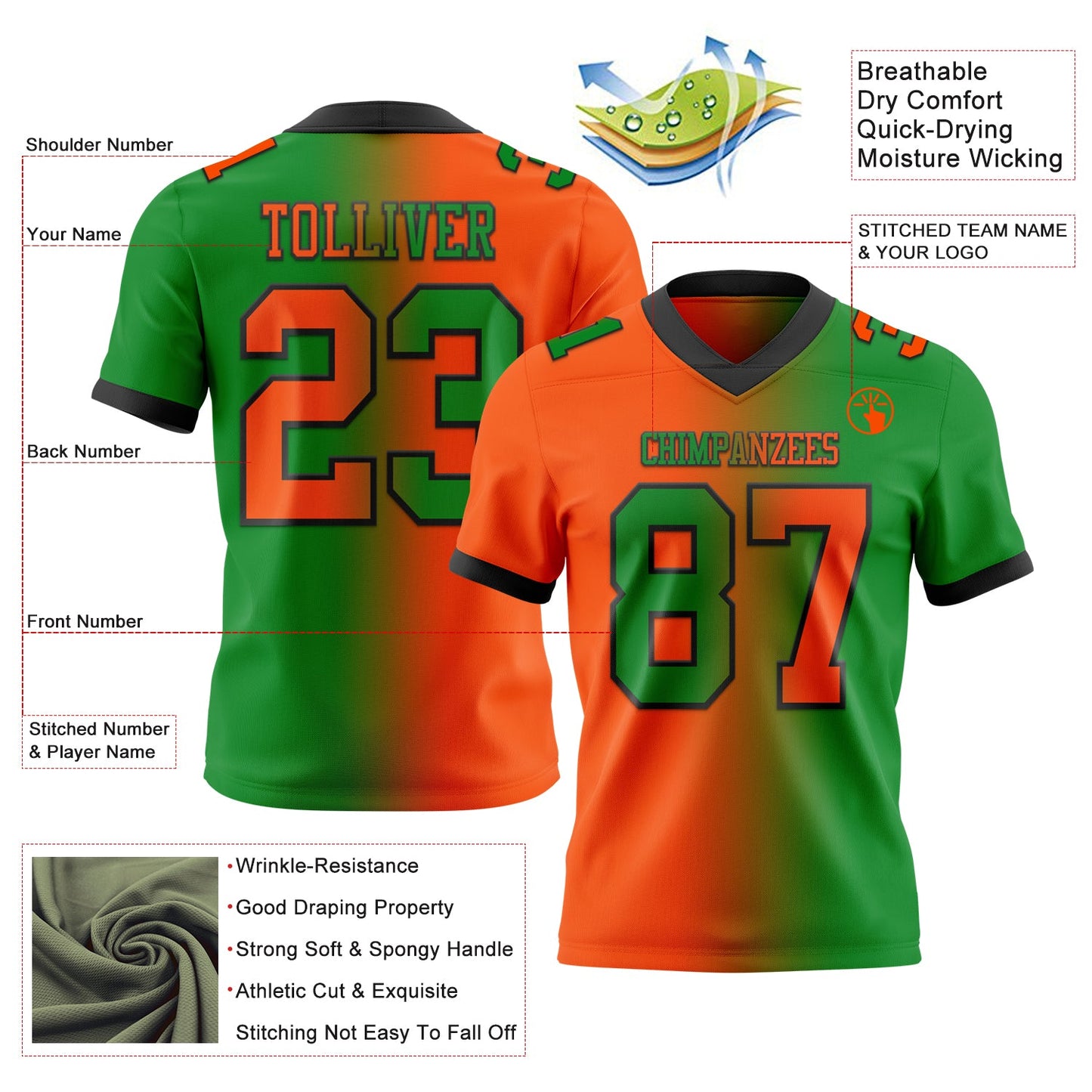 Custom Grass Green Orange-Black Authentic Gradient Fashion Football Jersey view 2