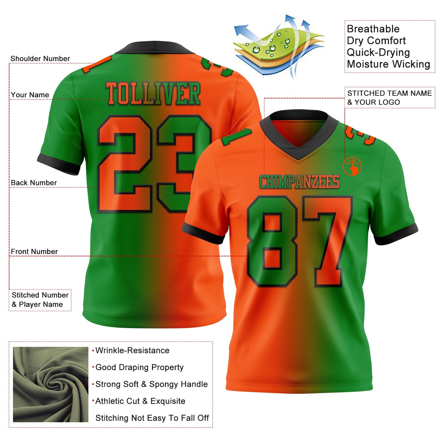 Custom Grass Green Orange-Black Authentic Gradient Fashion Football Jersey view 2