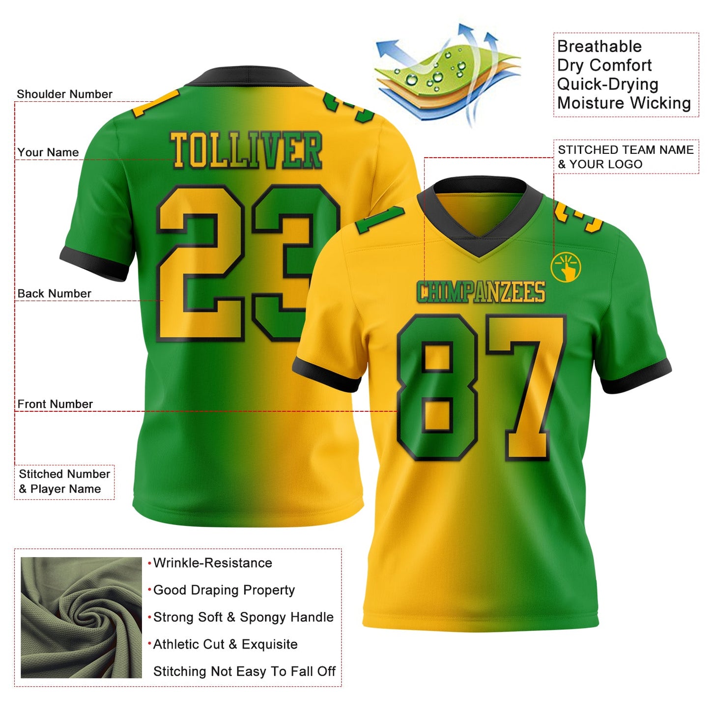 Custom Grass Green Gold-Black Authentic Gradient Fashion Football Jersey view 2