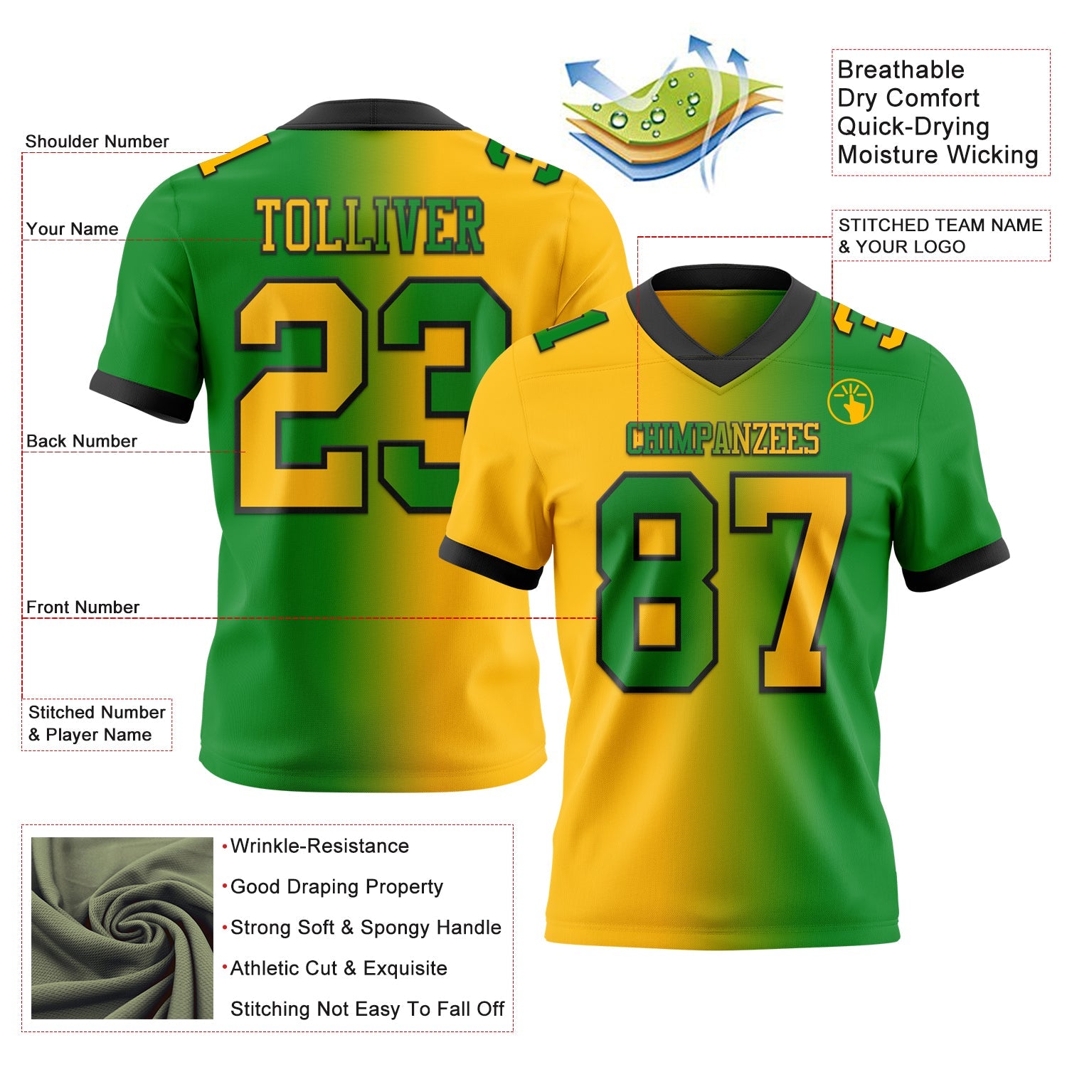 Custom Grass Green Gold-Black Authentic Gradient Fashion Football Jersey view 2