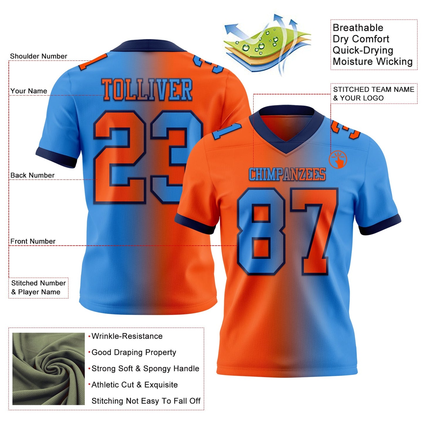 Custom Powder Blue Orange-Navy Authentic Gradient Fashion Football Jersey view 2