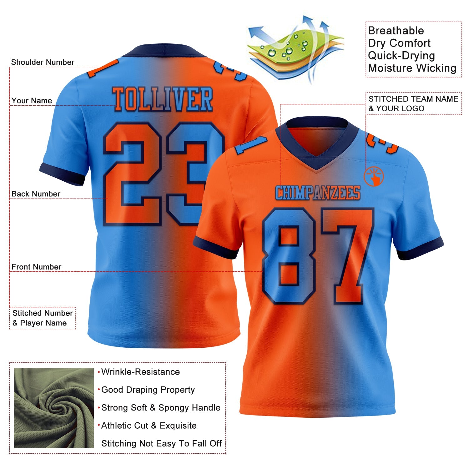 Custom Powder Blue Orange-Navy Authentic Gradient Fashion Football Jersey view 2