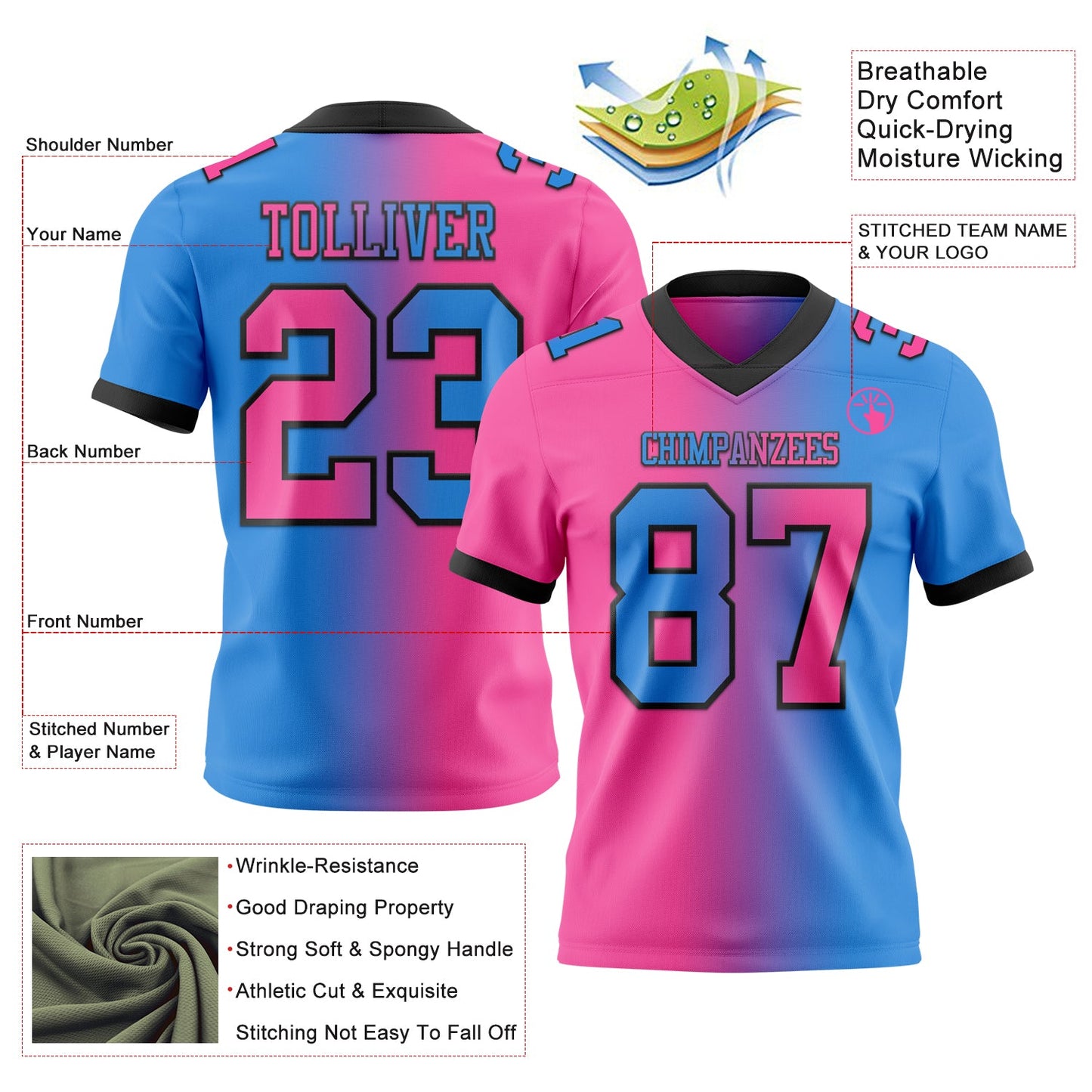 Custom Powder Blue Pink-Black Authentic Gradient Fashion Football Jersey view 2
