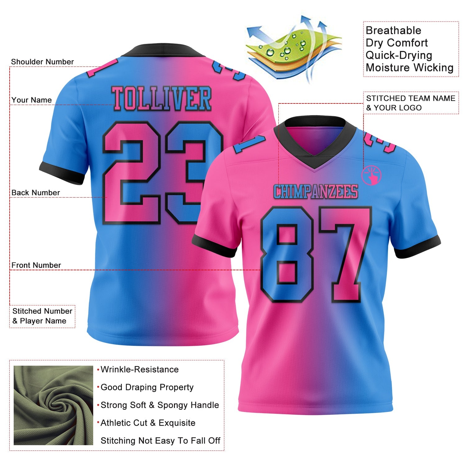 Custom Powder Blue Pink-Black Authentic Gradient Fashion Football Jersey view 2