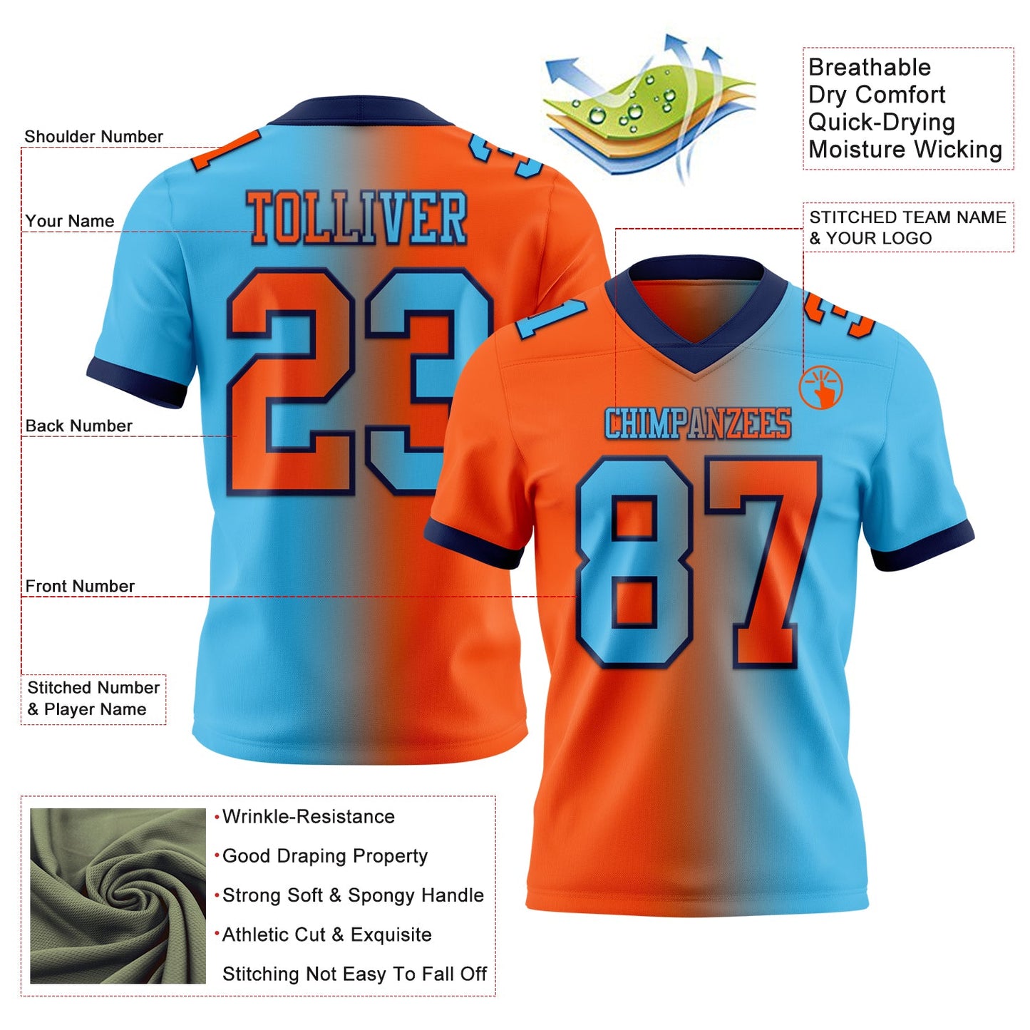 Custom Sky Blue Orange-Navy Authentic Gradient Fashion Football Jersey view 2