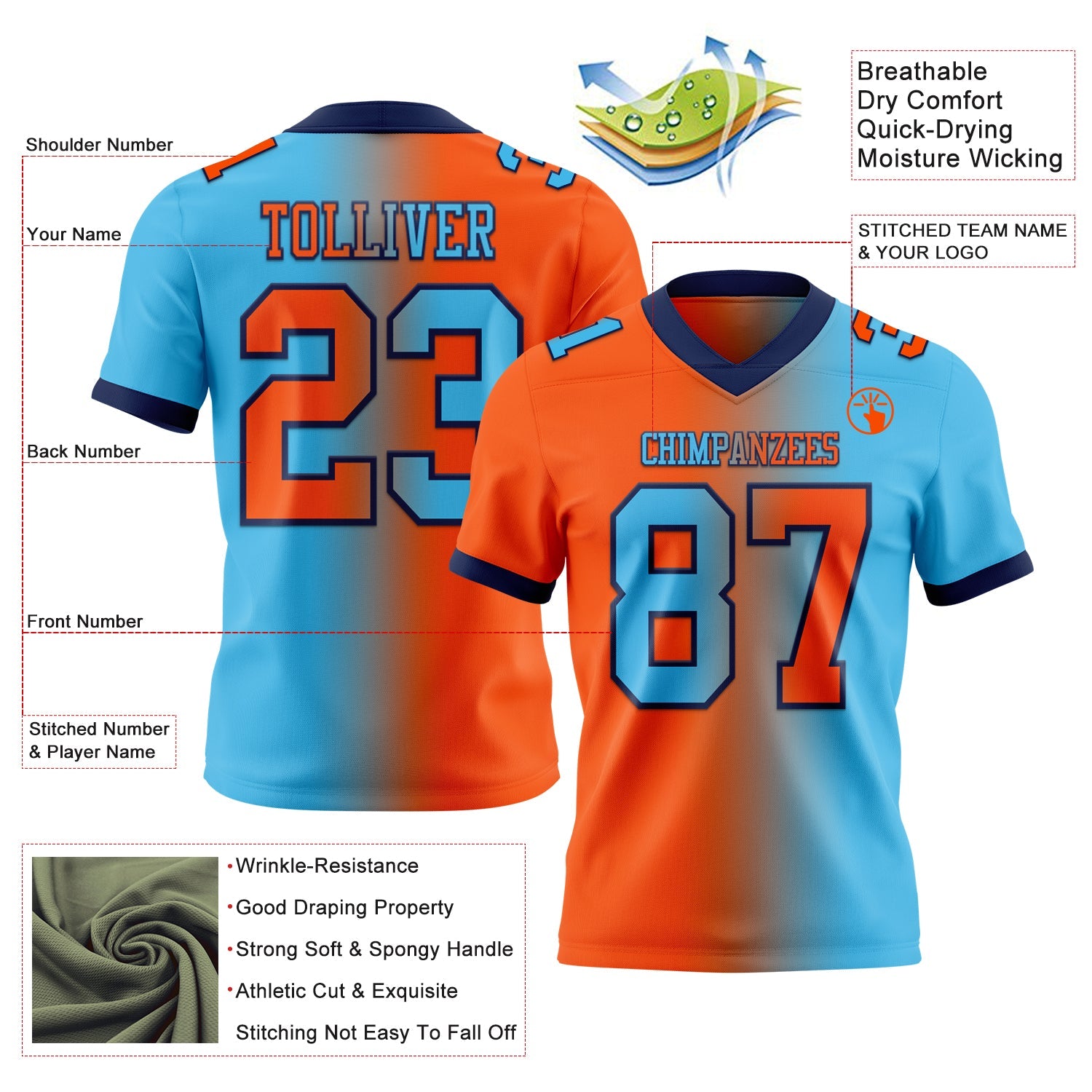 Custom Sky Blue Orange-Navy Authentic Gradient Fashion Football Jersey view 2