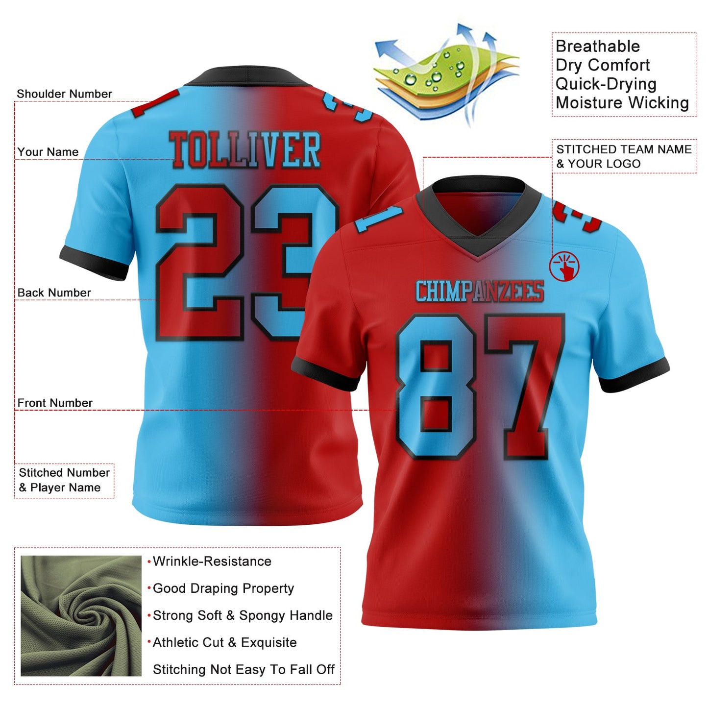 Custom Sky Blue Red-Black Authentic Gradient Fashion Football Jersey view 2
