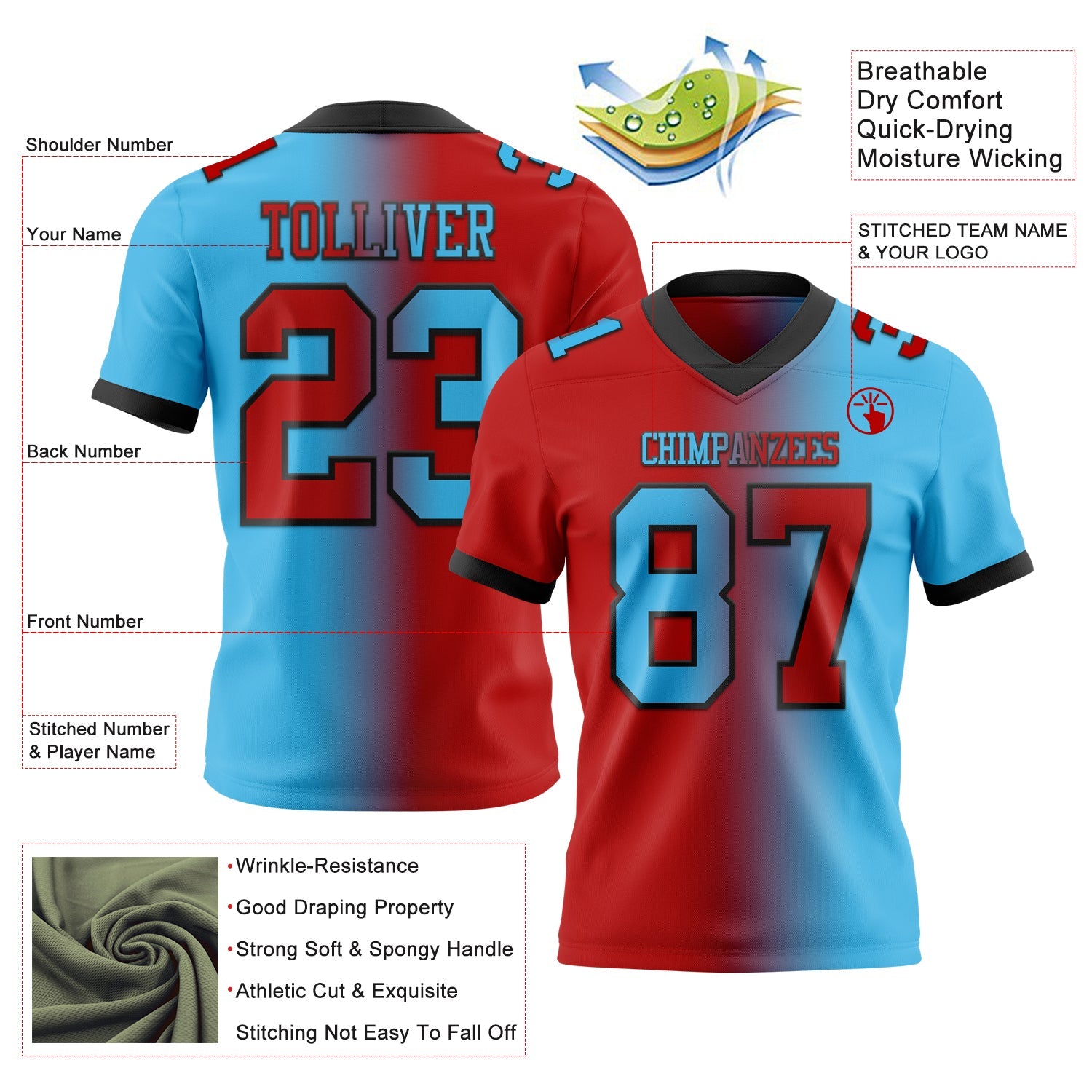Custom Sky Blue Red-Black Authentic Gradient Fashion Football Jersey view 2