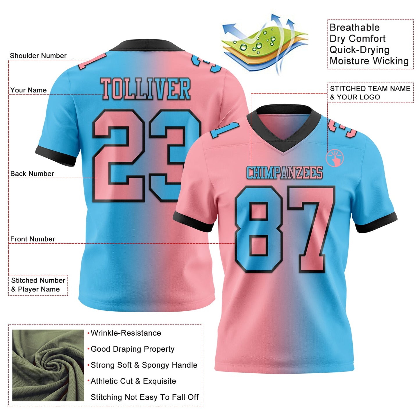 Custom Sky Blue Medium Pink-Black Authentic Gradient Fashion Football Jersey view 2