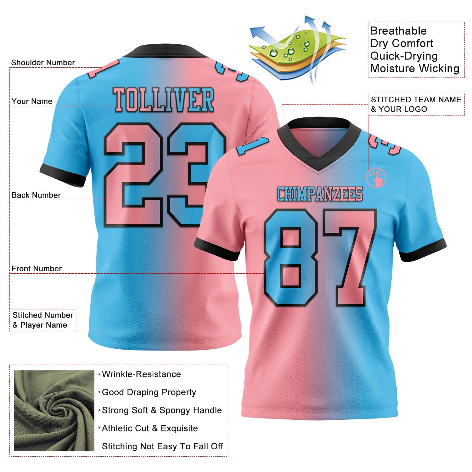Custom Sky Blue Medium Pink-Black Authentic Gradient Fashion Football Jersey view 2