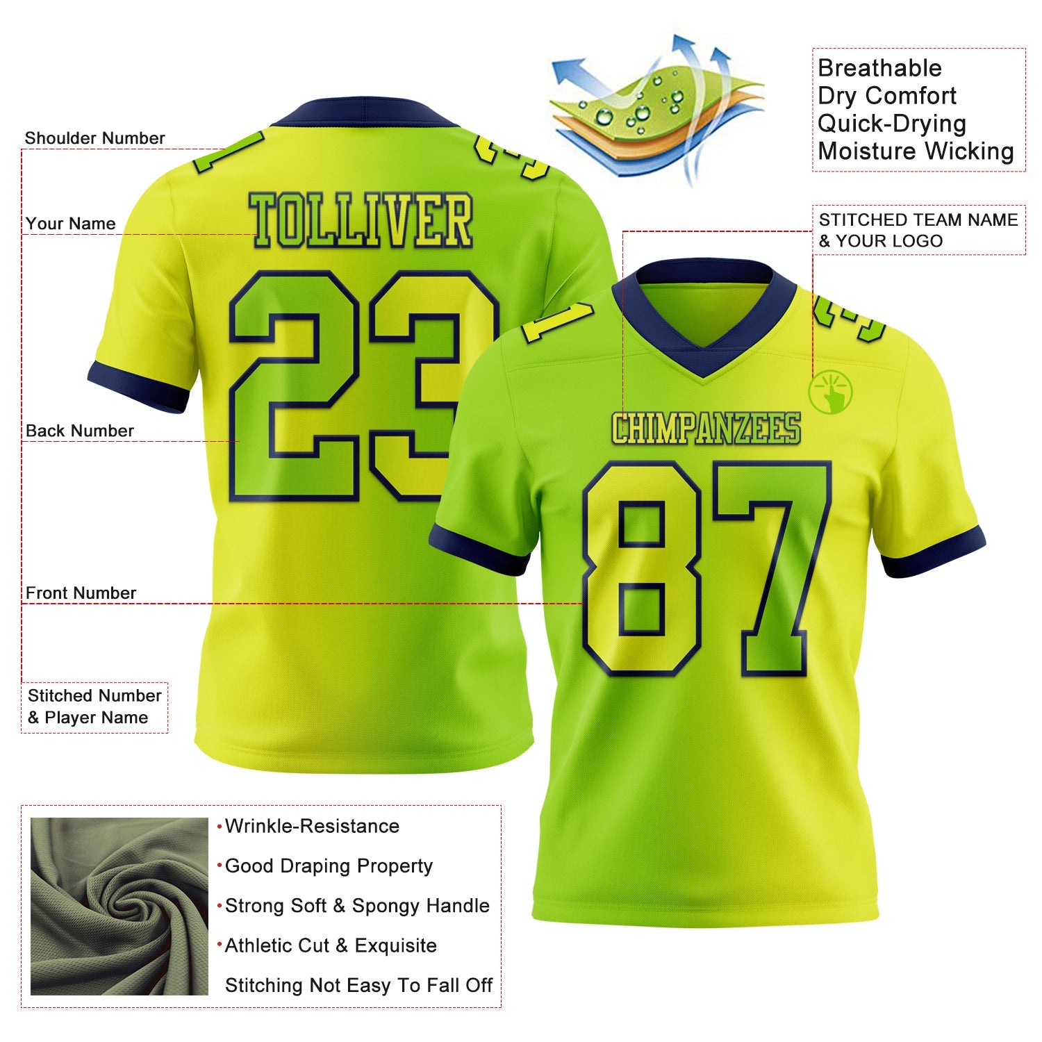 Custom Neon Yellow Neon Green-Navy Authentic Gradient Fashion Football Jersey view 2