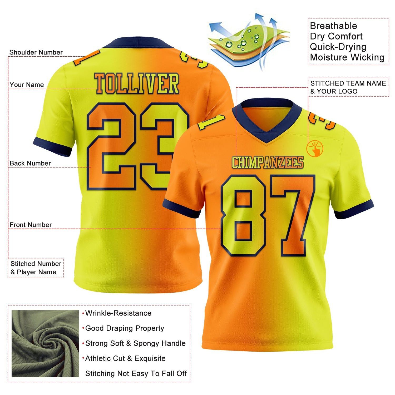 Custom Neon Yellow Bay Orange-Navy Authentic Gradient Fashion Football Jersey view 2