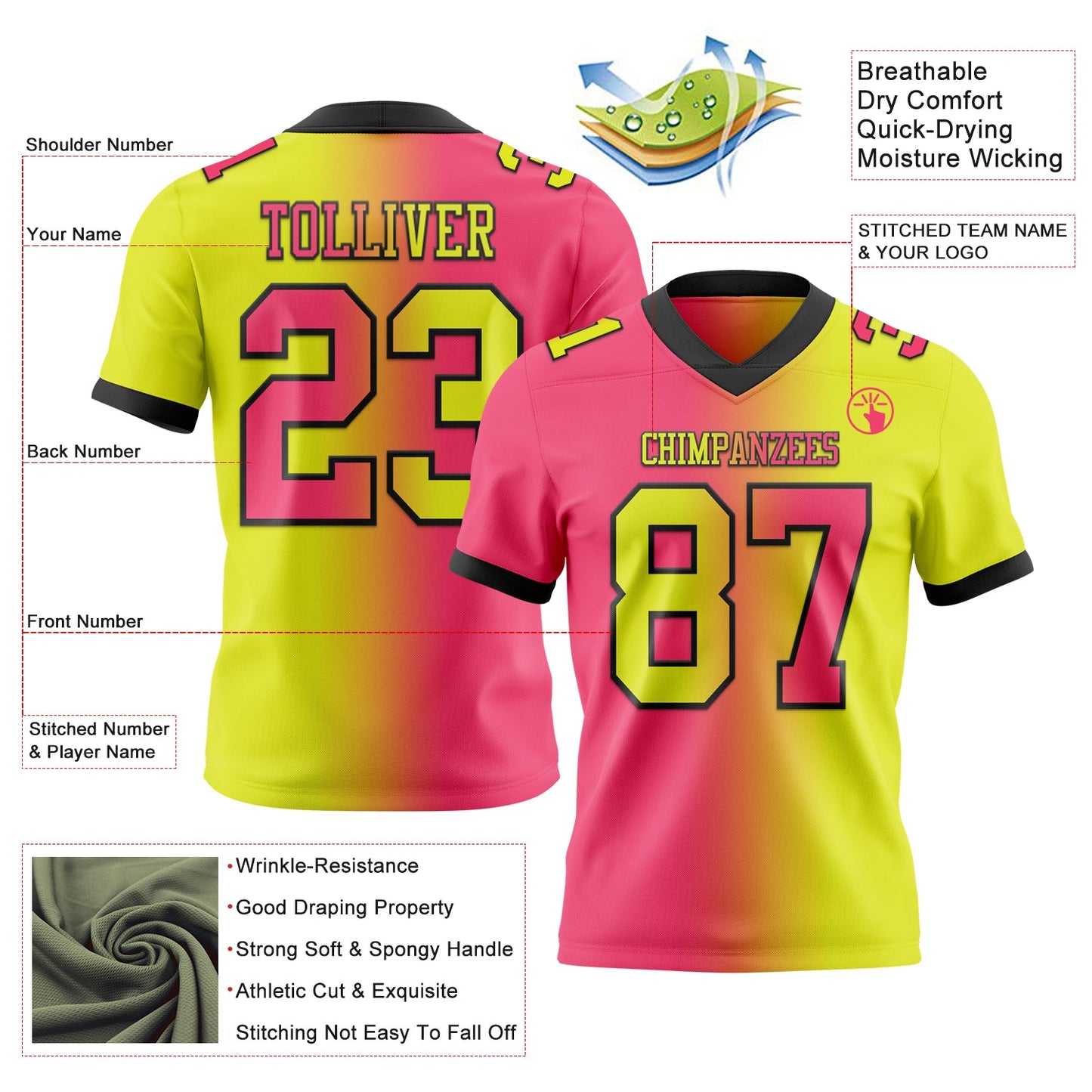 Custom Neon Yellow Neon Pink-Black Authentic Gradient Fashion Football Jersey view 2
