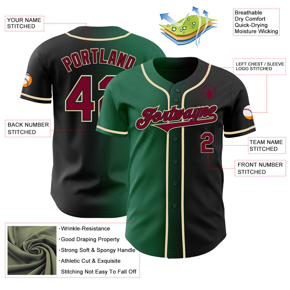 Custom Black Maroon Kelly Green-Cream Authentic Gradient Fashion Baseball Jersey view 3