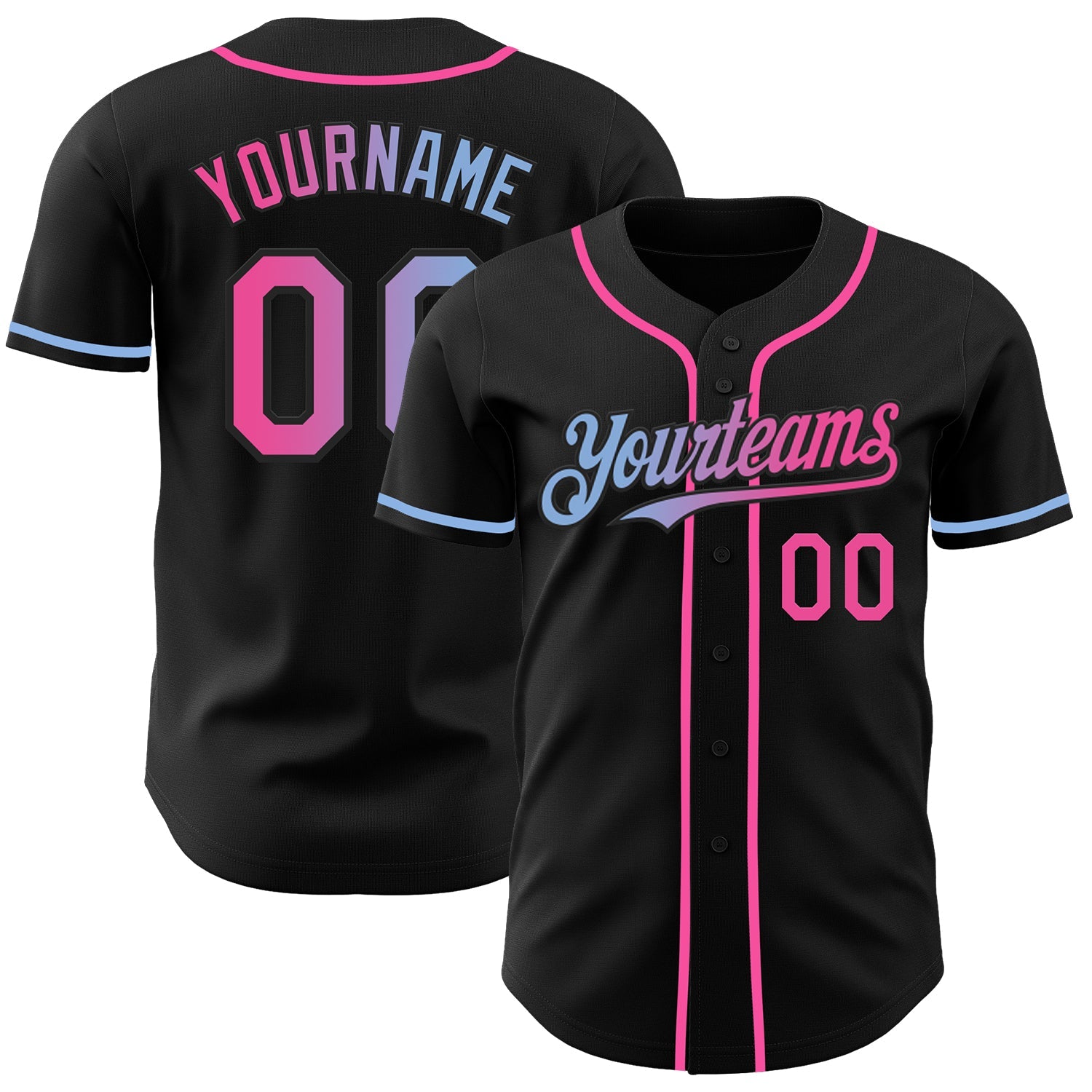 Custom Black Pink-Light Blue Authentic Gradient Fashion Baseball Jersey - Main View