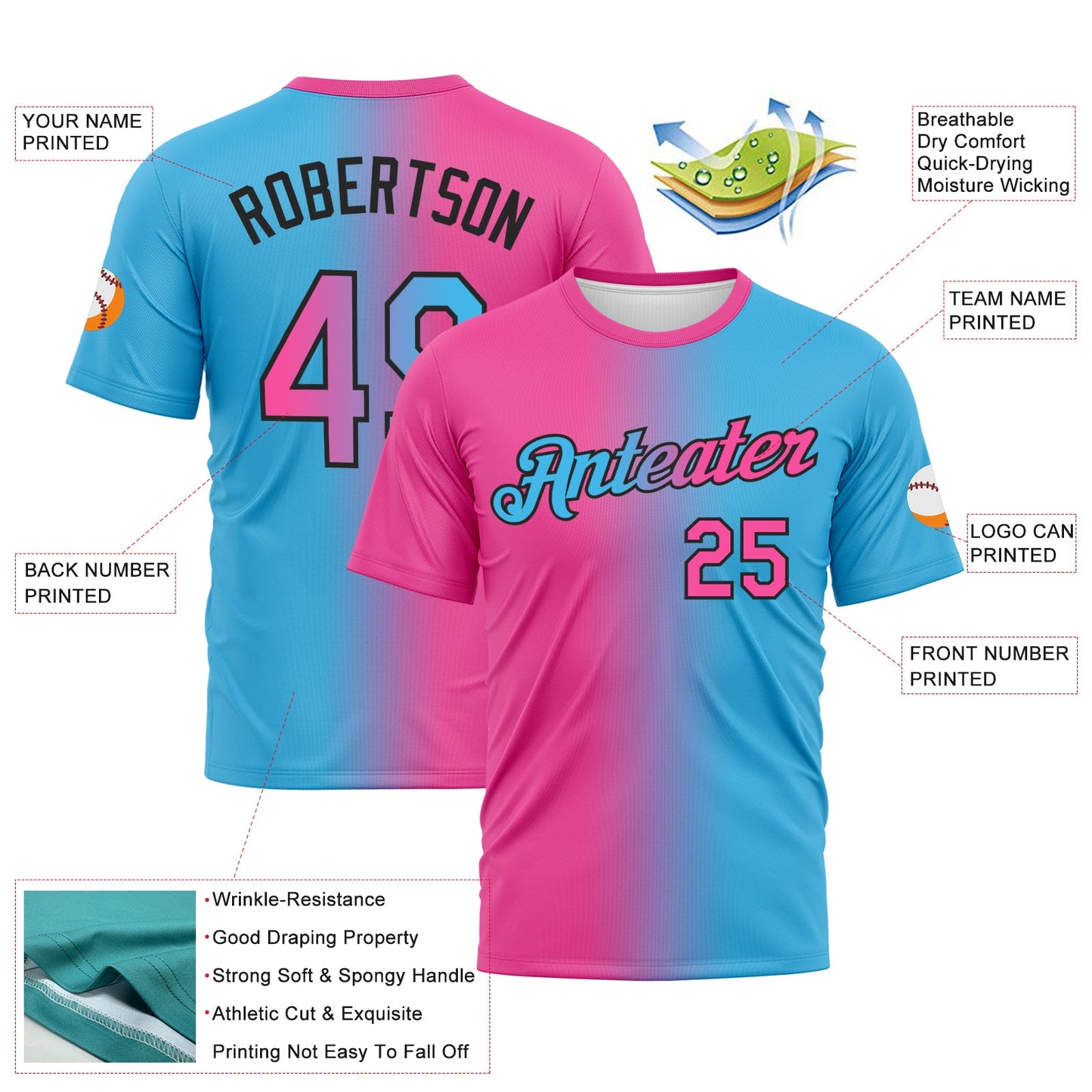 Custom Sky Blue Pink-Black Gradient Fashion Performance T-Shirt view 2