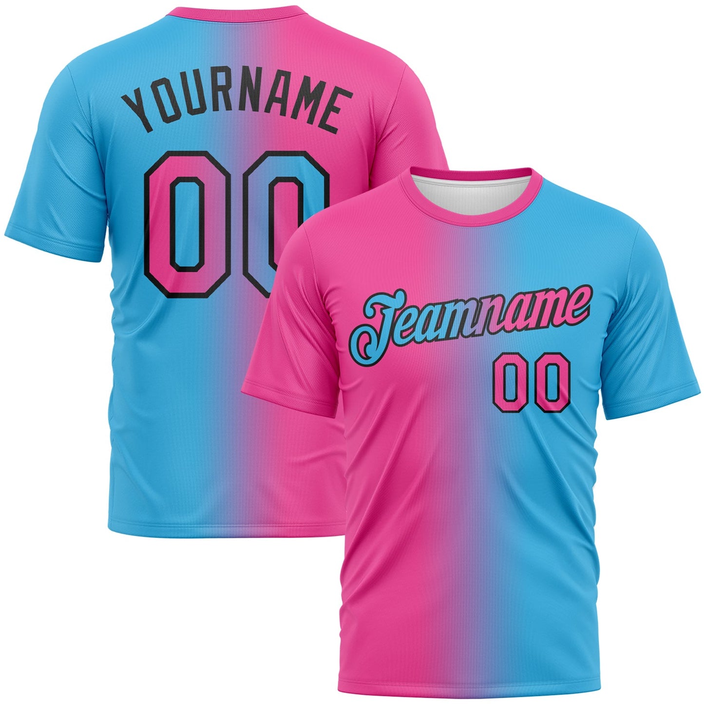 Custom Sky Blue Pink-Black Gradient Fashion Performance T-Shirt - Main View
