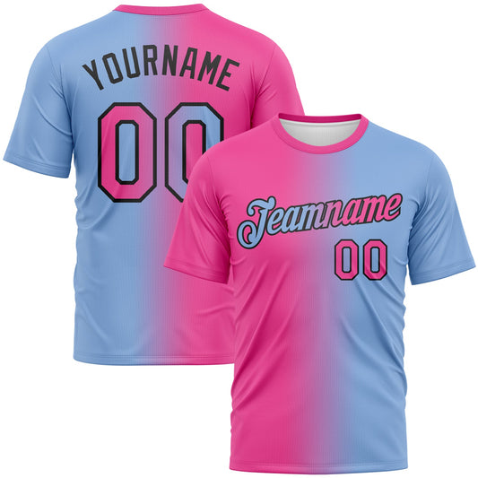 Custom Light Blue Pink-Black Gradient Fashion Performance T-Shirt - Main View
